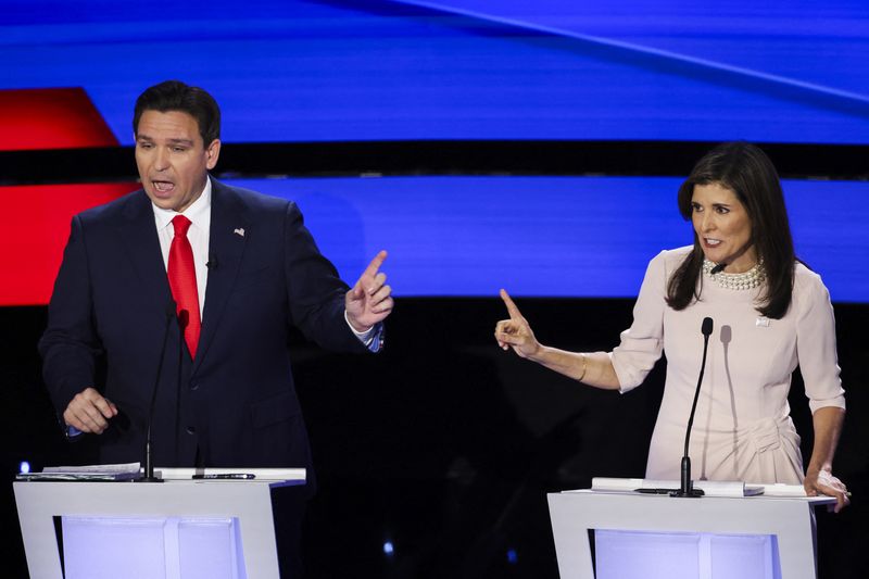 Florida Gov. Ron DeSantis and former U.S. Ambassador to the United Nations Nikki Haley participate in the Republican presidential debate hosted by CNN at Drake University in Des Moines, Iowa, Wednesday.