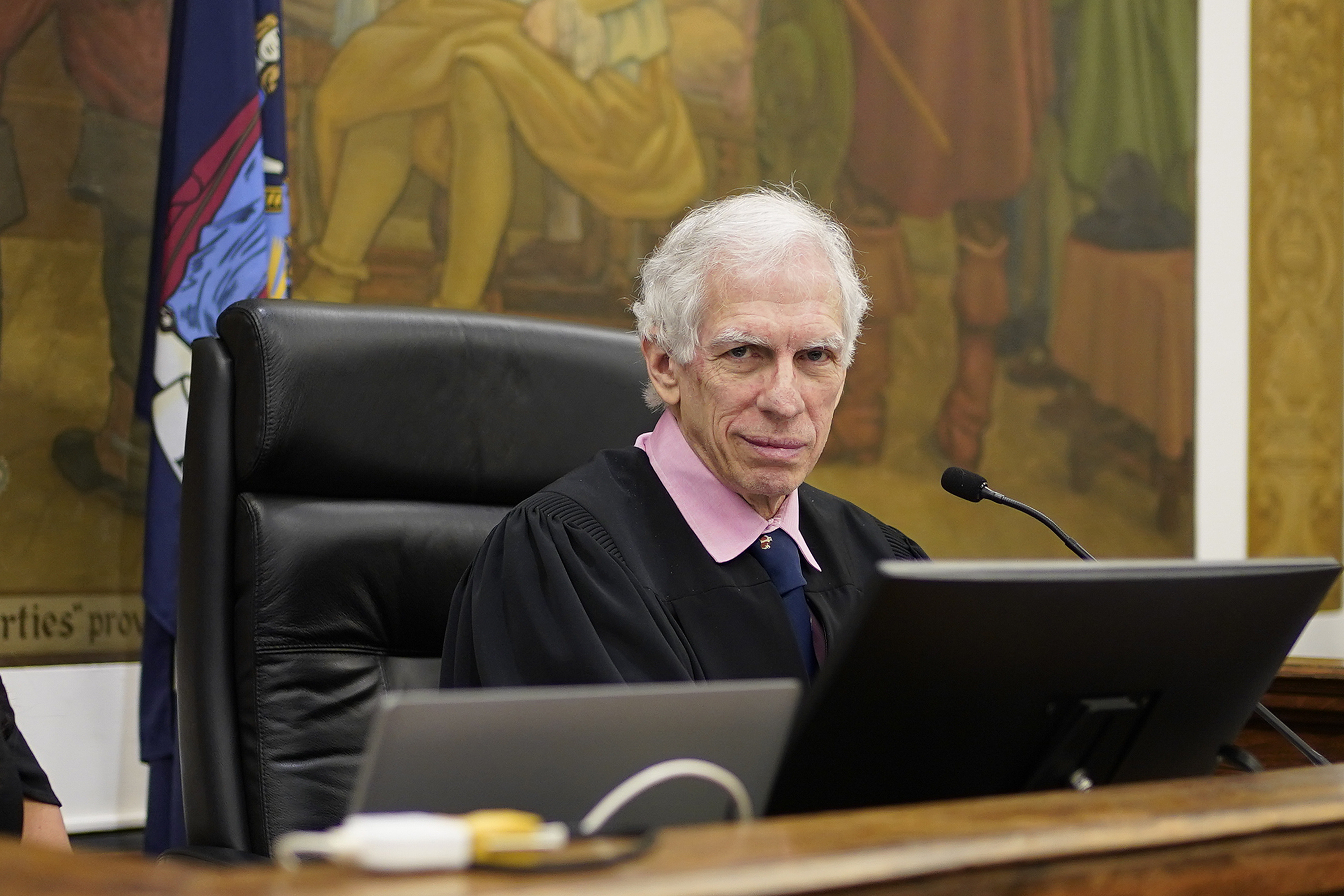 Judge Arthur Engoron sits on the bench inside New York Supreme Court, Oct. 10, 2023, in New York. Authorities on Thursday responded to a bomb threat at the home of Engoron, who is overseeing Donald Trump's New York civil fraud trial. They found no bomb and and the trial's closing arguments are to proceed normally.