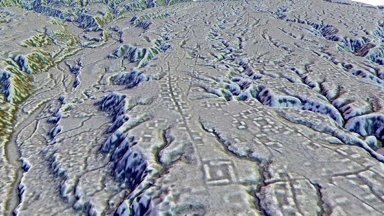 This LIDAR image shows complexes of rectangular platforms arranged around low squares and distributed along wide dug streets at the Kunguints site, Upano Valley in Ecuador.