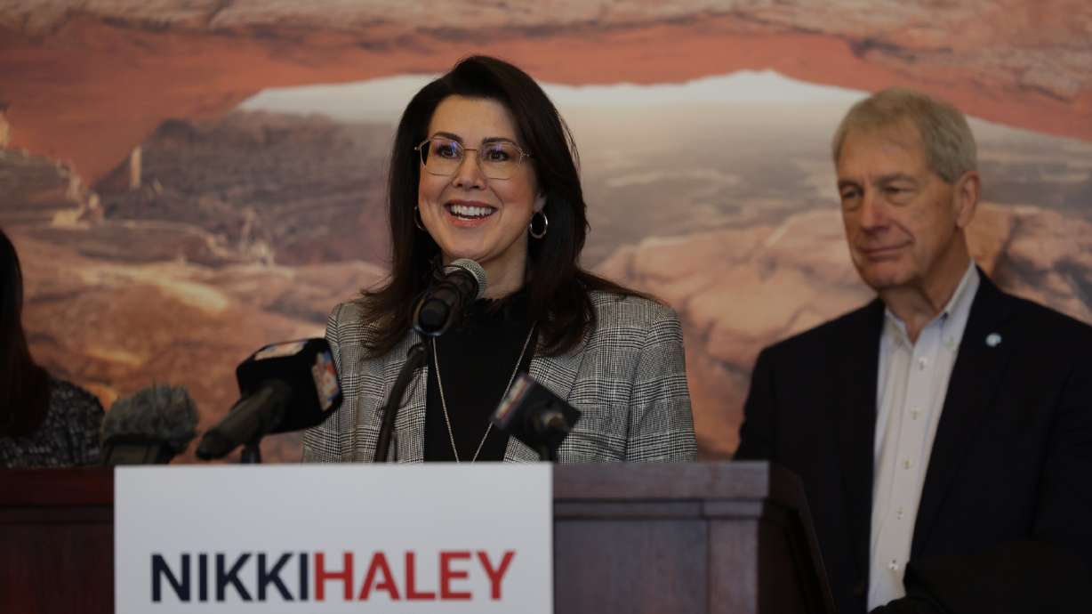 Utah Lt. Gov. Deidre Henderson announces her endorsement of Republican presidential candidate Nikki Haley on Thursday at the Capitol in Salt Lake City.
