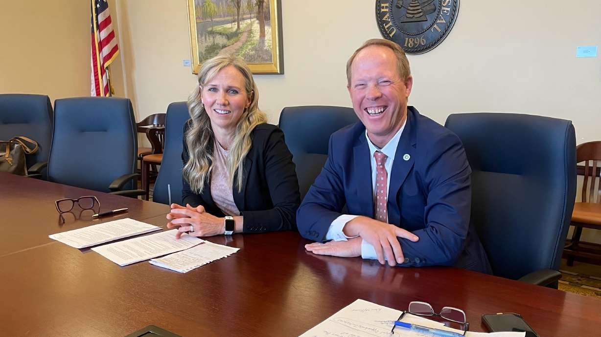 Rep. Katy Hall, R-South Ogden, left, and Sen. Keith Grover, R-Provo, on Wednesday at the Utah Capitol. They have crafted a proposal that would dramatically rethink diversity, equity and inclusion programs at Utah universities.
