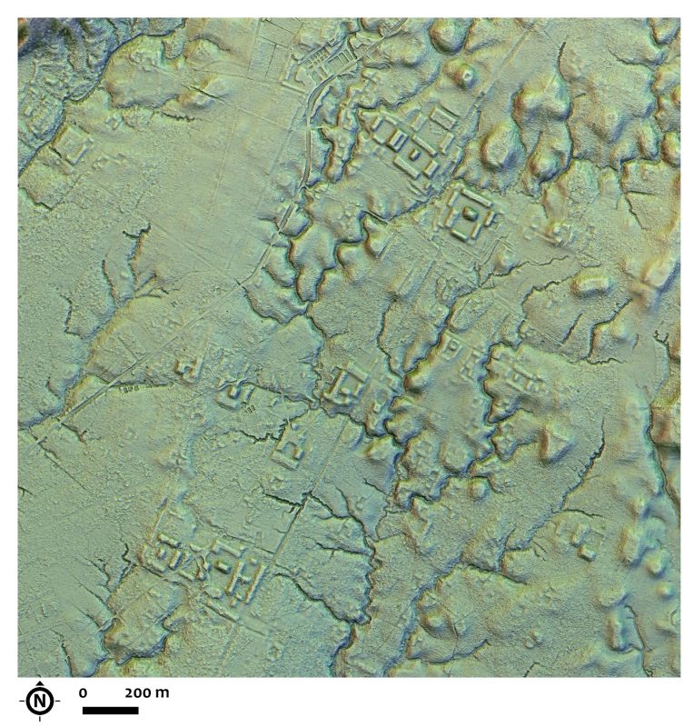 This LIDAR image provided by researchers in January shows a main street crossing an urban area, creating an axis along which complexes of rectangular platforms are arranged around low squares at the Copueno site, Upano Valley in Ecuador.