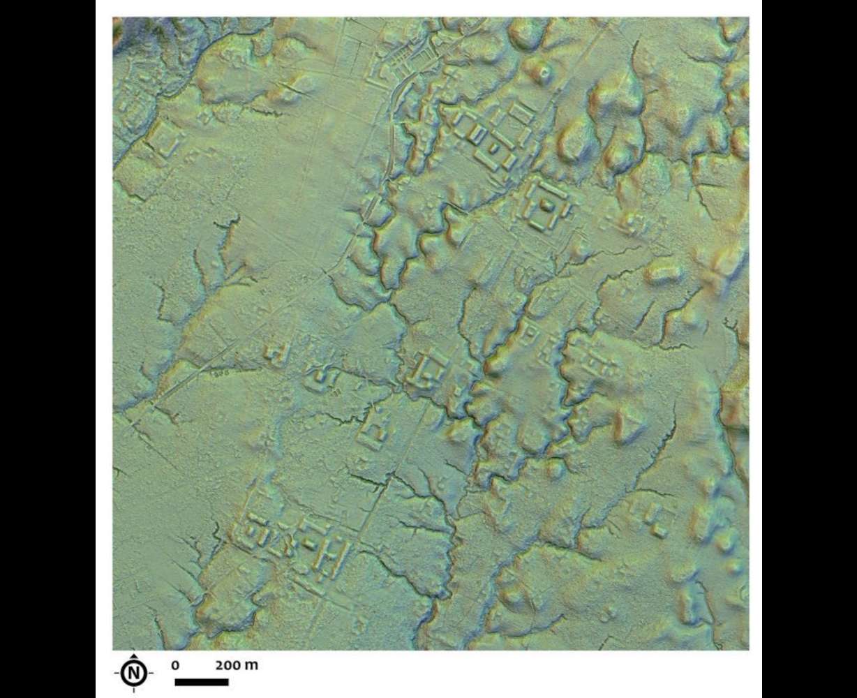 This LIDAR image provided by researchers in January shows a main street crossing an urban area, creating an axis along which complexes of rectangular platforms are arranged around low squares at the Copueno site, Upano Valley in Ecuador.