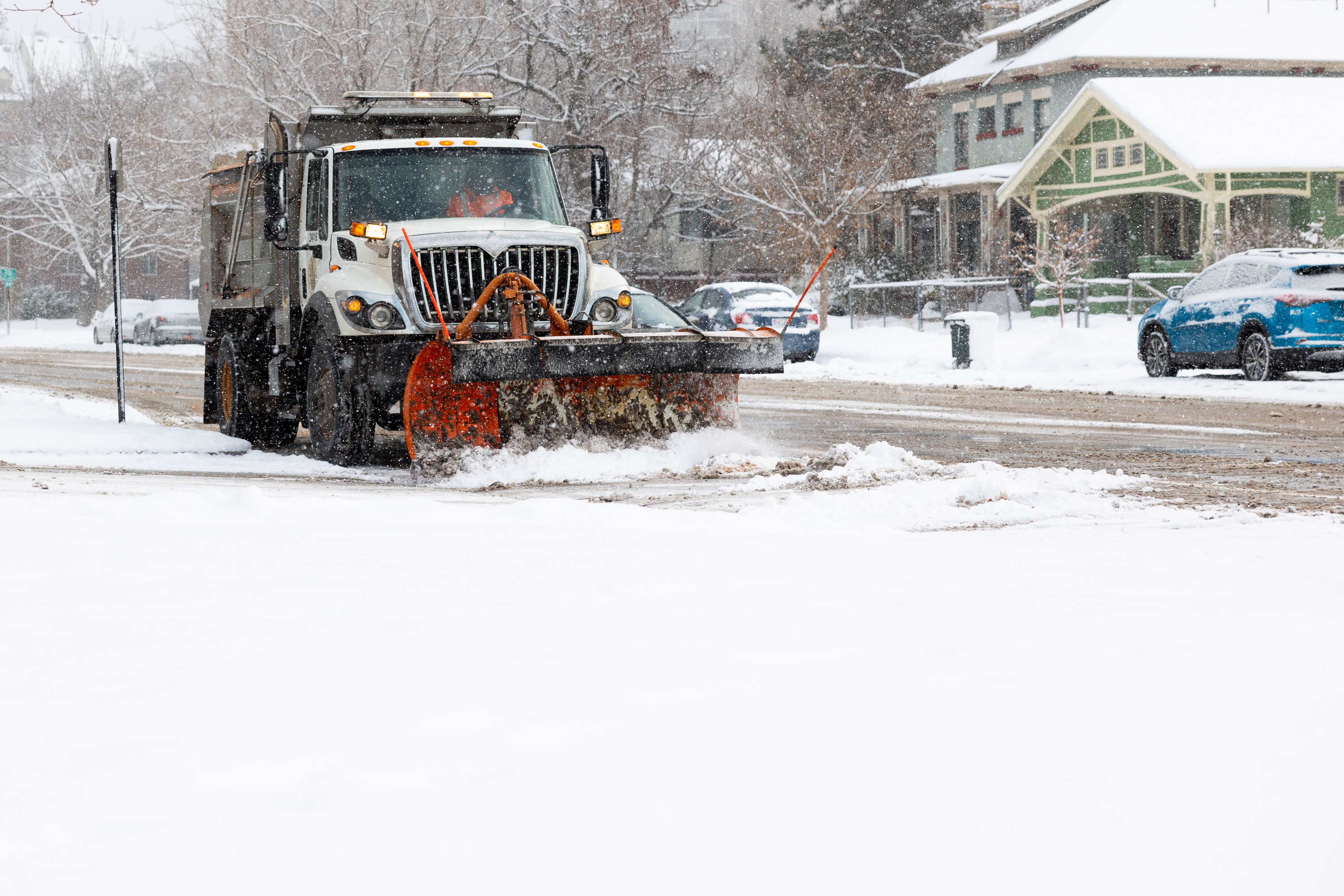 A snowplow in Salt Lake City on Thursday. Heavy and blowing snow is forecast for Utah over the next few days.