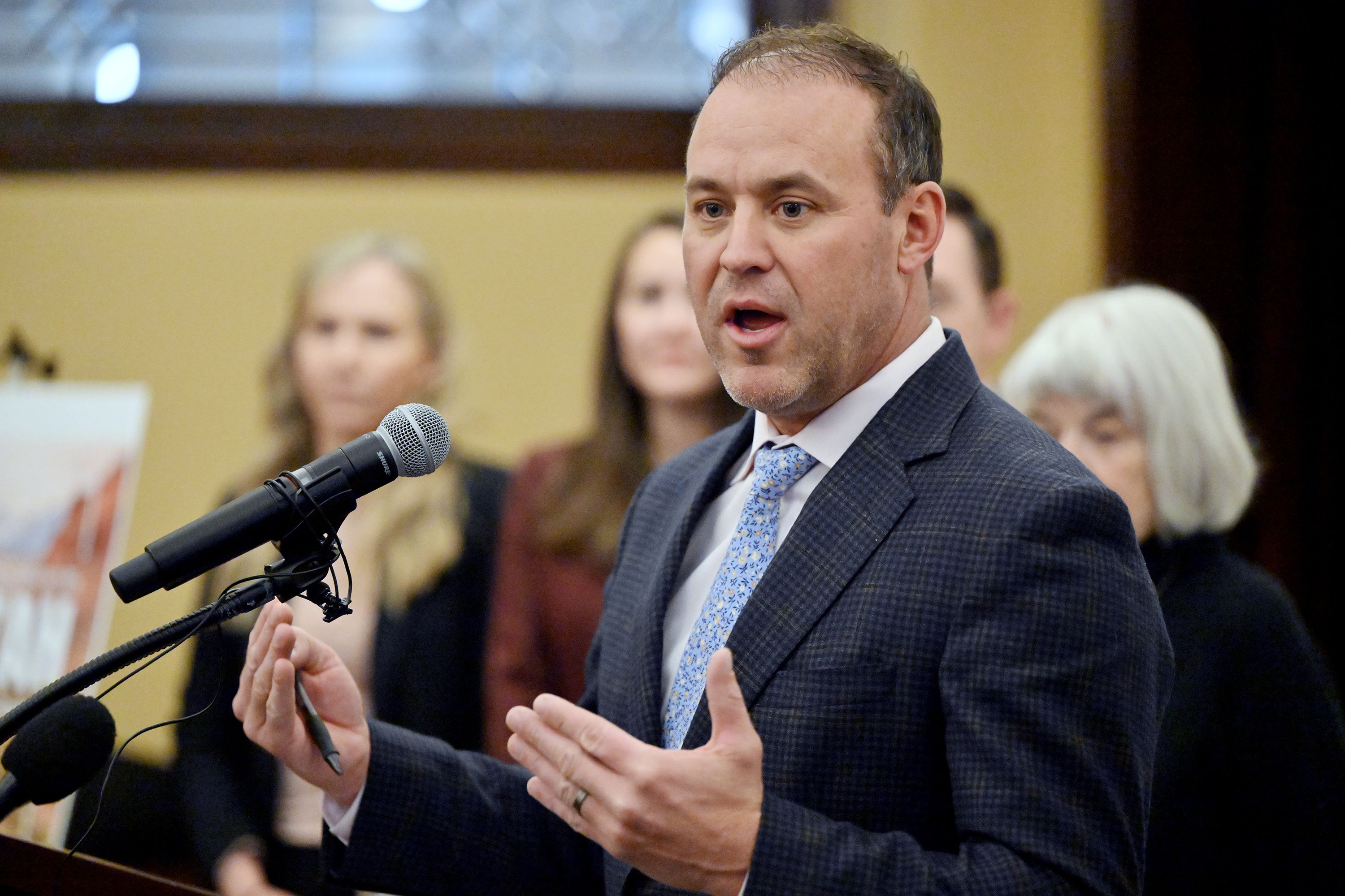 House Speaker Mike Schultz, R-Hooper, joins with members of the House Majority Caucus to review policy priorities and answer questions at the Capitol in Salt Lake City on Wednesday.