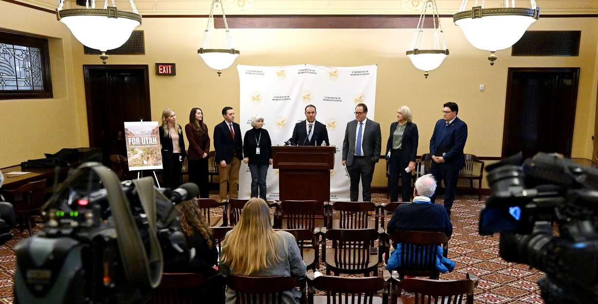 House Speaker Mike Schultz, R-Hooper, joins with members of the House Majority Caucus to review policy priorities and answer questions at the Capitol in Salt Lake City on Wednesday.