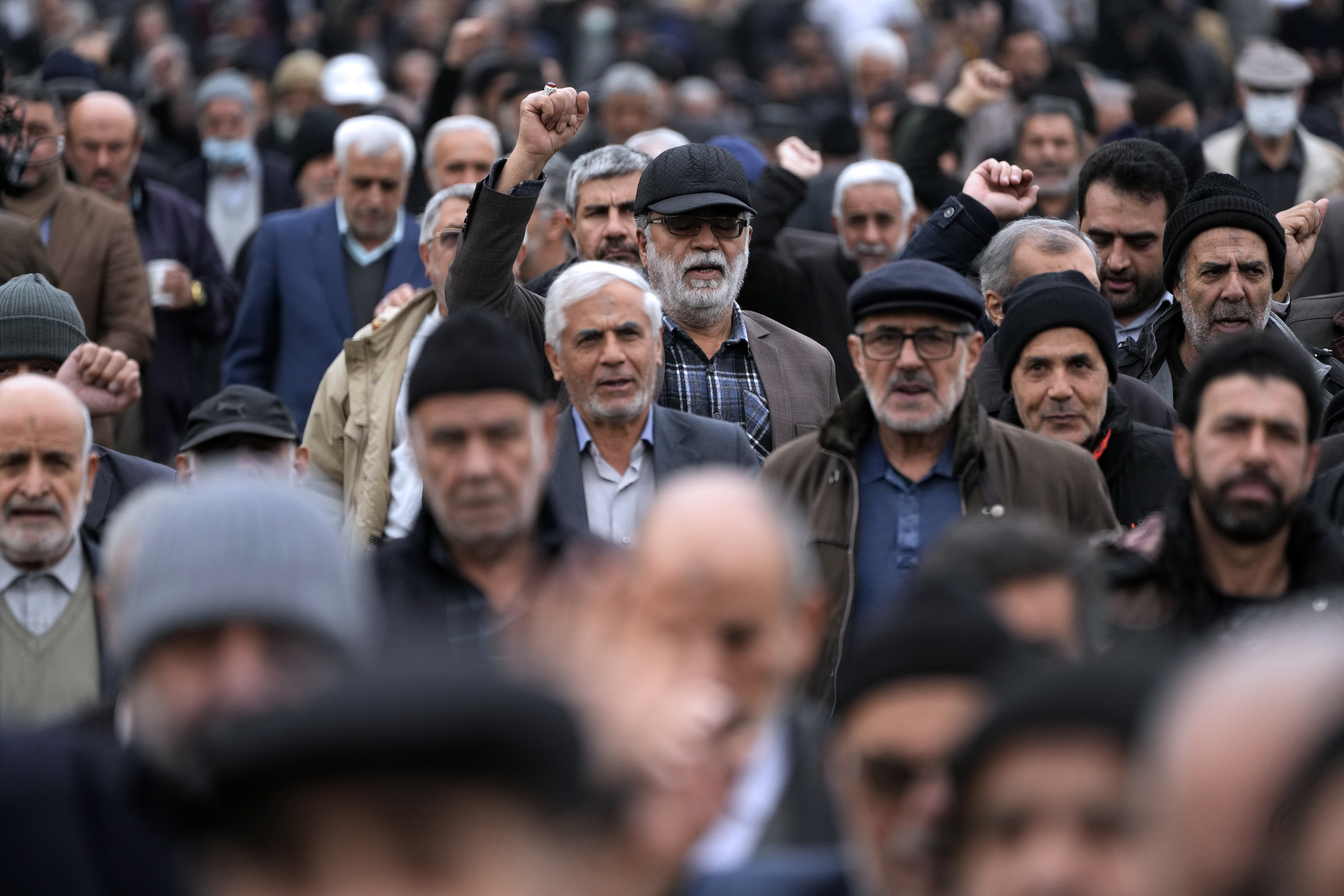 Worshippers chant slogans after the conclusion of Friday prayer to show their support of Palestinians and condemn the U.S. and British militaries strike against Iranian-backed Houthis in Yemen, in Tehran, Iran, Friday.