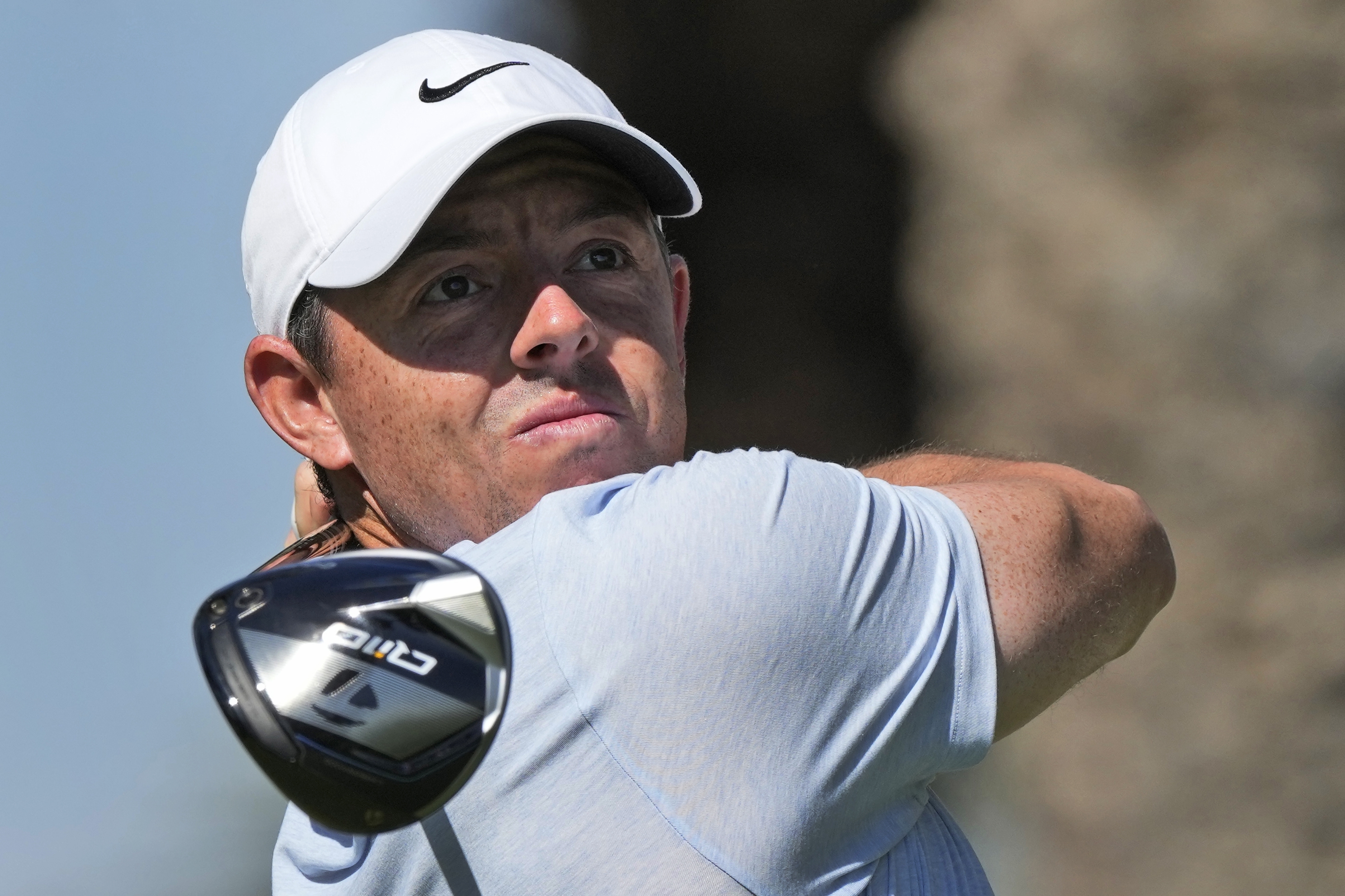 Rory McIlroy of Northern Ireland tees off on the 7th hole during the second round of Dubai Invitational golf tournament, in Dubai, United Arab Emirates, Friday, Jan. 12, 2024.