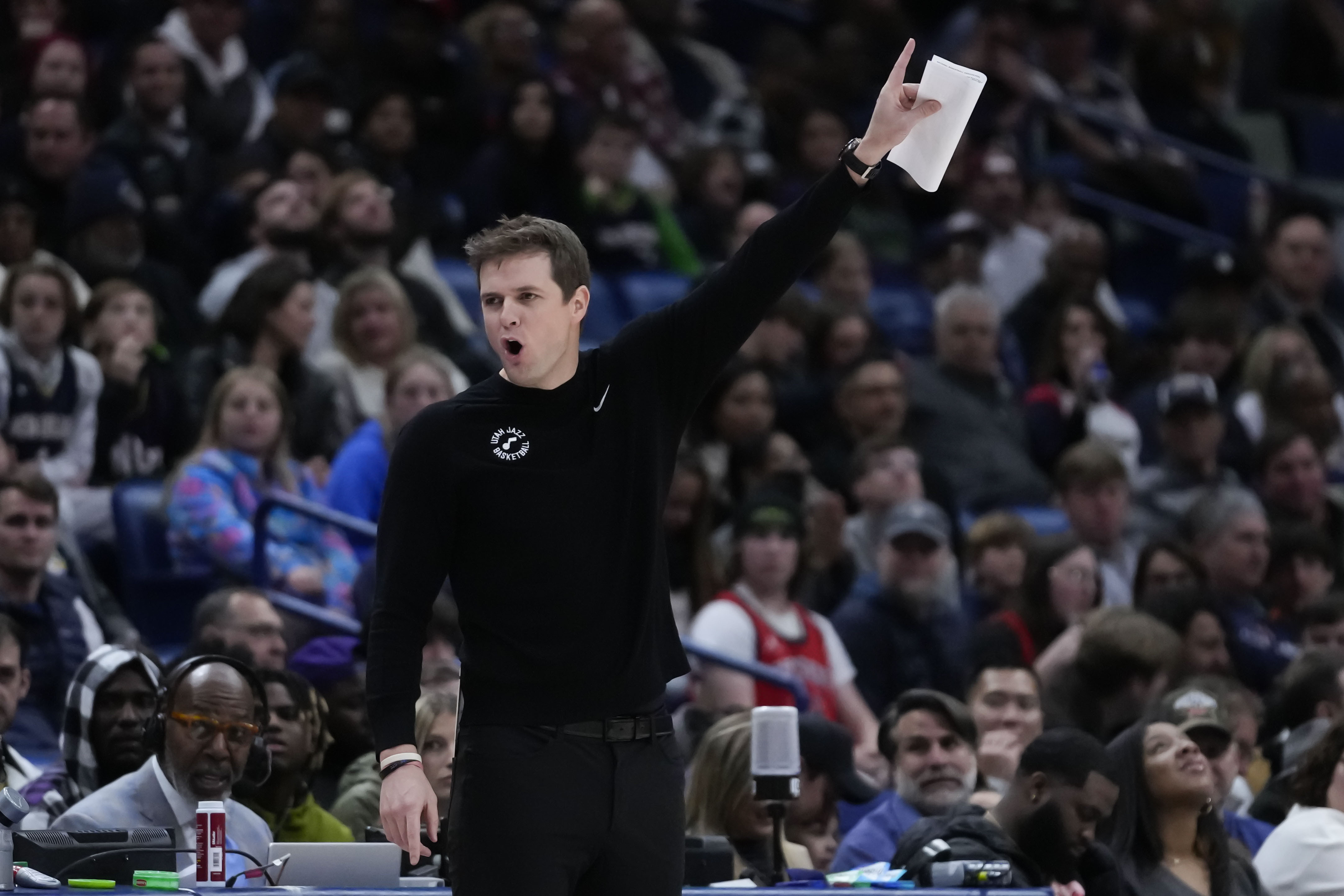 Utah Jazz head coach Will Hardy calls out from the bench in the second half of an NBA basketball game against the New Orleans Pelicans in New Orleans, Thursday, Dec. 28, 2023. The Pelicans won 112-105. 