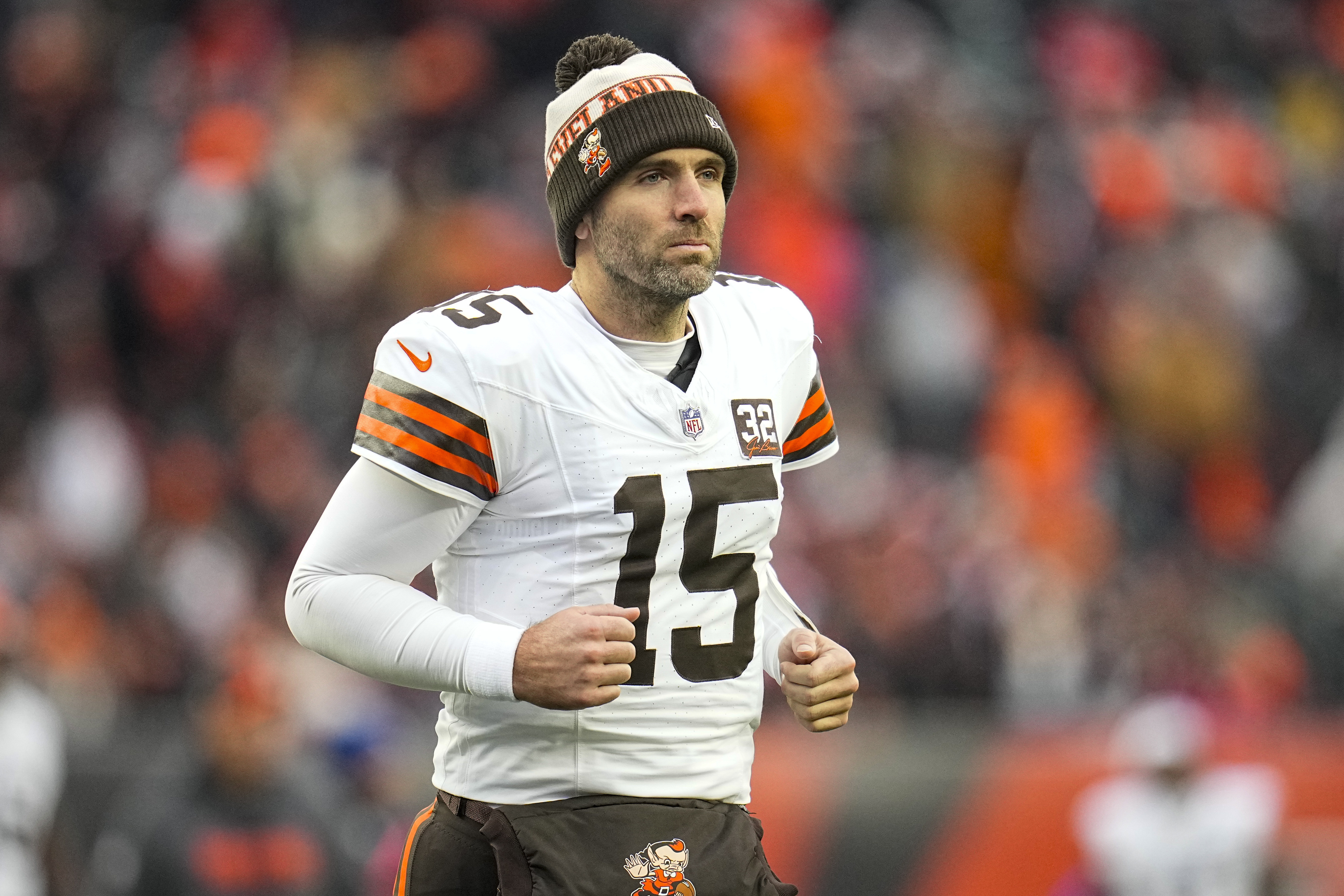 FILE - Cleveland Browns quarterback Joe Flacco runs off the field at half time of an NFL football game against the Cincinnati Bengals in Cincinnati, Sunday, Jan. 7, 2024. Flacco still struggles to process this new-found fame, an unexpected rebirth in a city where he was once despised and is now adored. 