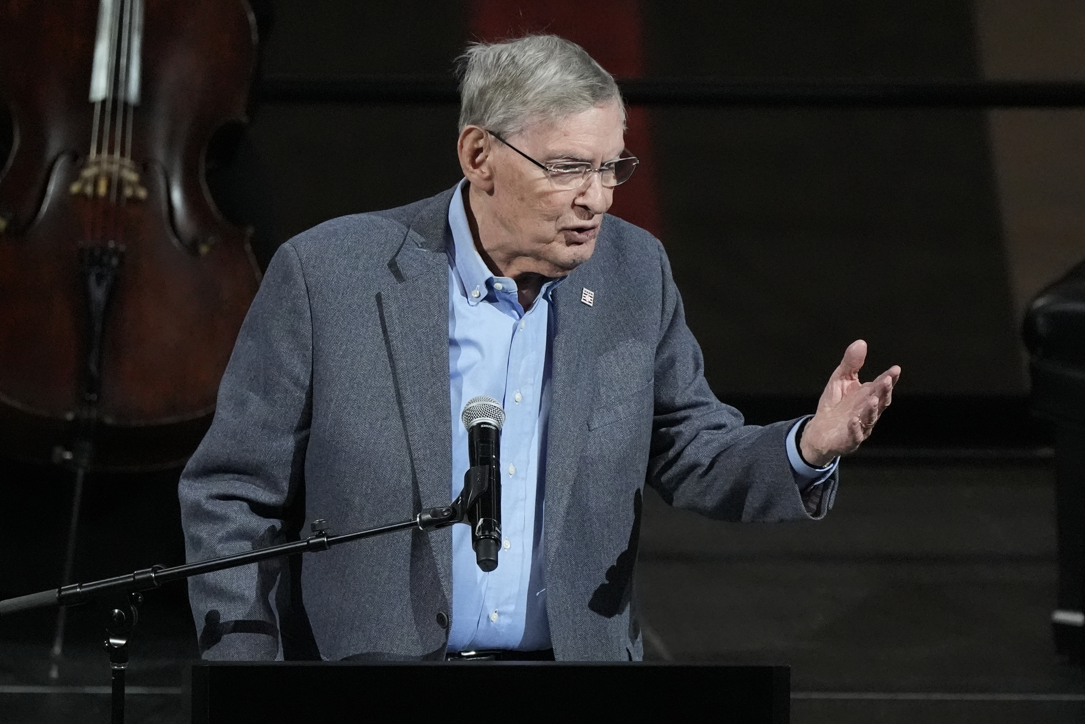 Former Baseball Commissioner Bud Selig speaks during a memorial service for former U.S. Senator Herb Kohl, Friday, Jan. 12, 2024, at the Fiserv Forum in Milwaukee. 