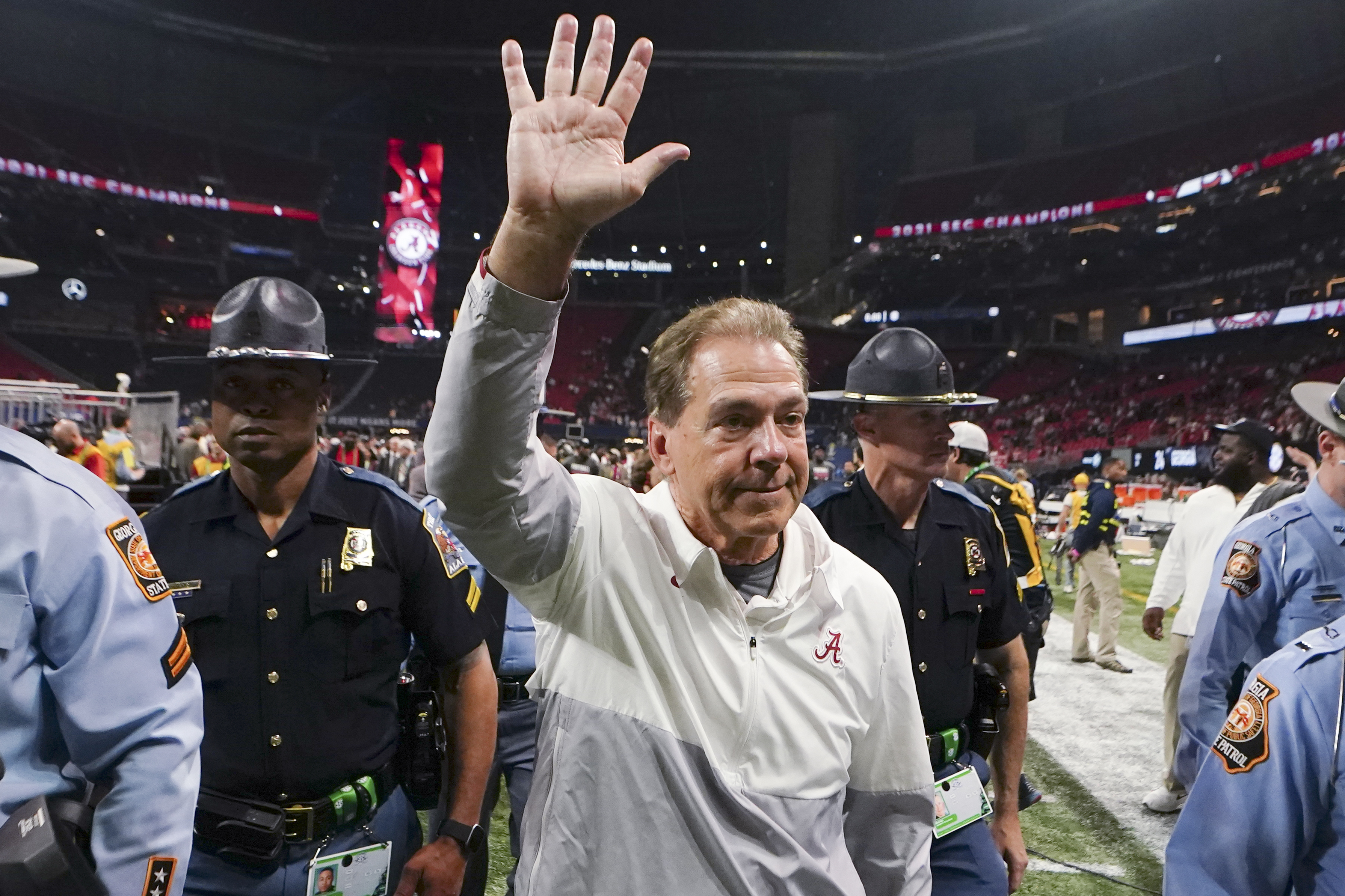 FILE - Alabama head coach Nick Saban leaves the field after the Southeastern Conference championship NCAA college football game between Georgia and Alabama, Saturday, Dec. 4, 2021, in Atlanta. Nick Saban, the stern coach who won seven national championships and turned Alabama back into a national powerhouse that included six of those titles in just 17 seasons, is retiring, according to multiple reports, Wednesday, Jan. 10, 2024. 