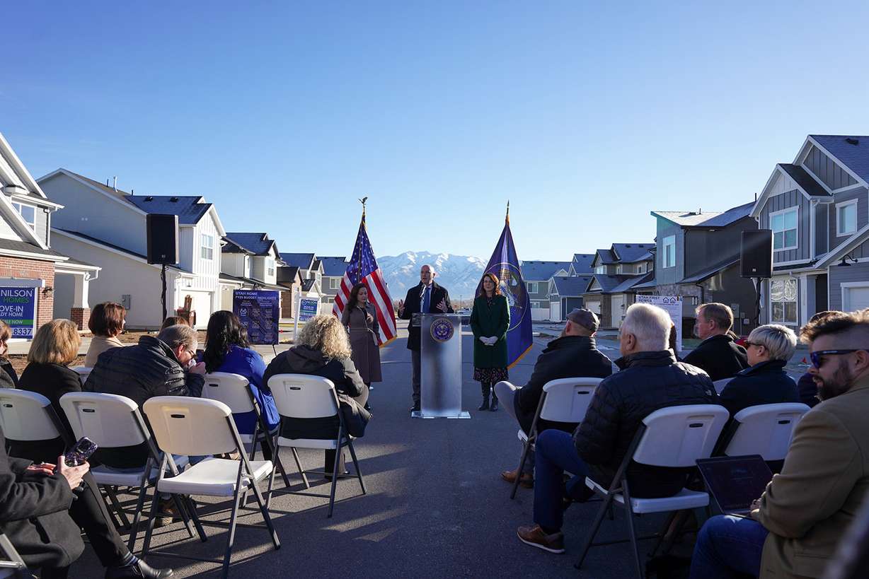 Utah Gov. Spencer Cox and Lt. Gov. Deidre Henderson present the governor’s budget recommendation during a press conference in West Haven on Dec. 5, 2023.