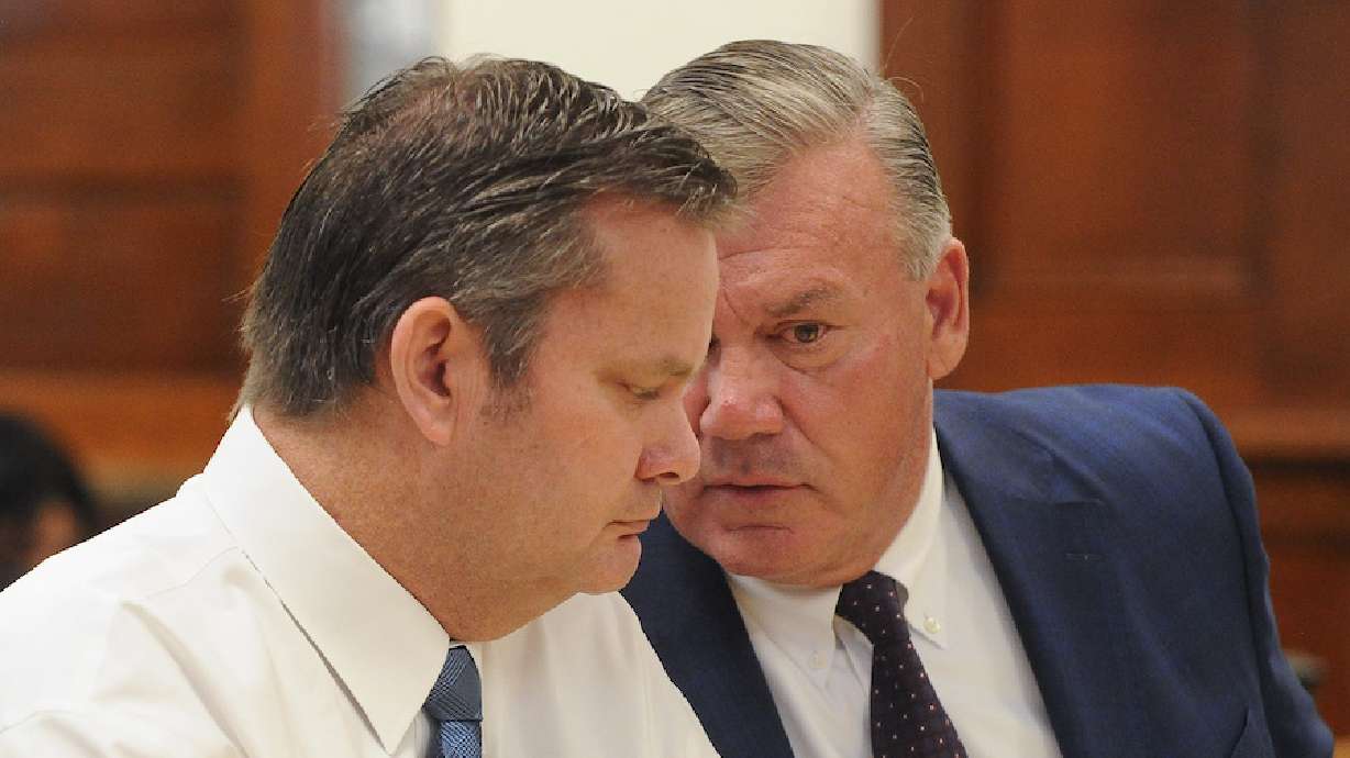 Chad Daybell confers with defense attorney John Prior during Chad Daybell's preliminary hearing on Aug. 3, 2020. Prior will remain on the case after a motion for Prior to withdraw was denied Thursday.
