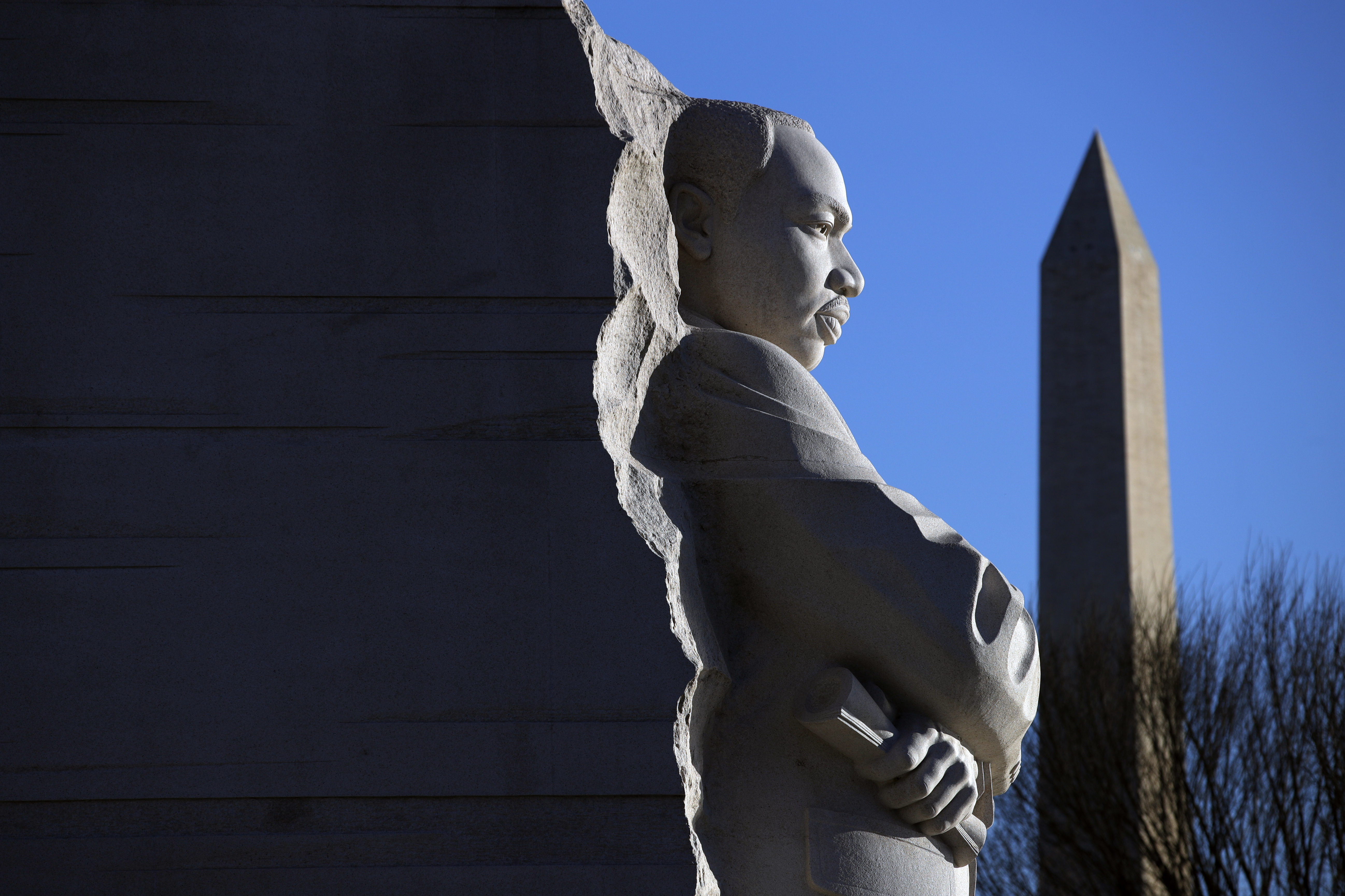 The Martin Luther King, Jr. Memorial with the Washington Monument in the background on Jan. 21, 2019, in Washington. In a nod to King's historic 1963 March on Washington, several Muslim American groups have organized what they are calling a "March on Washington for Gaza" to call for a ceasefire in the region. 