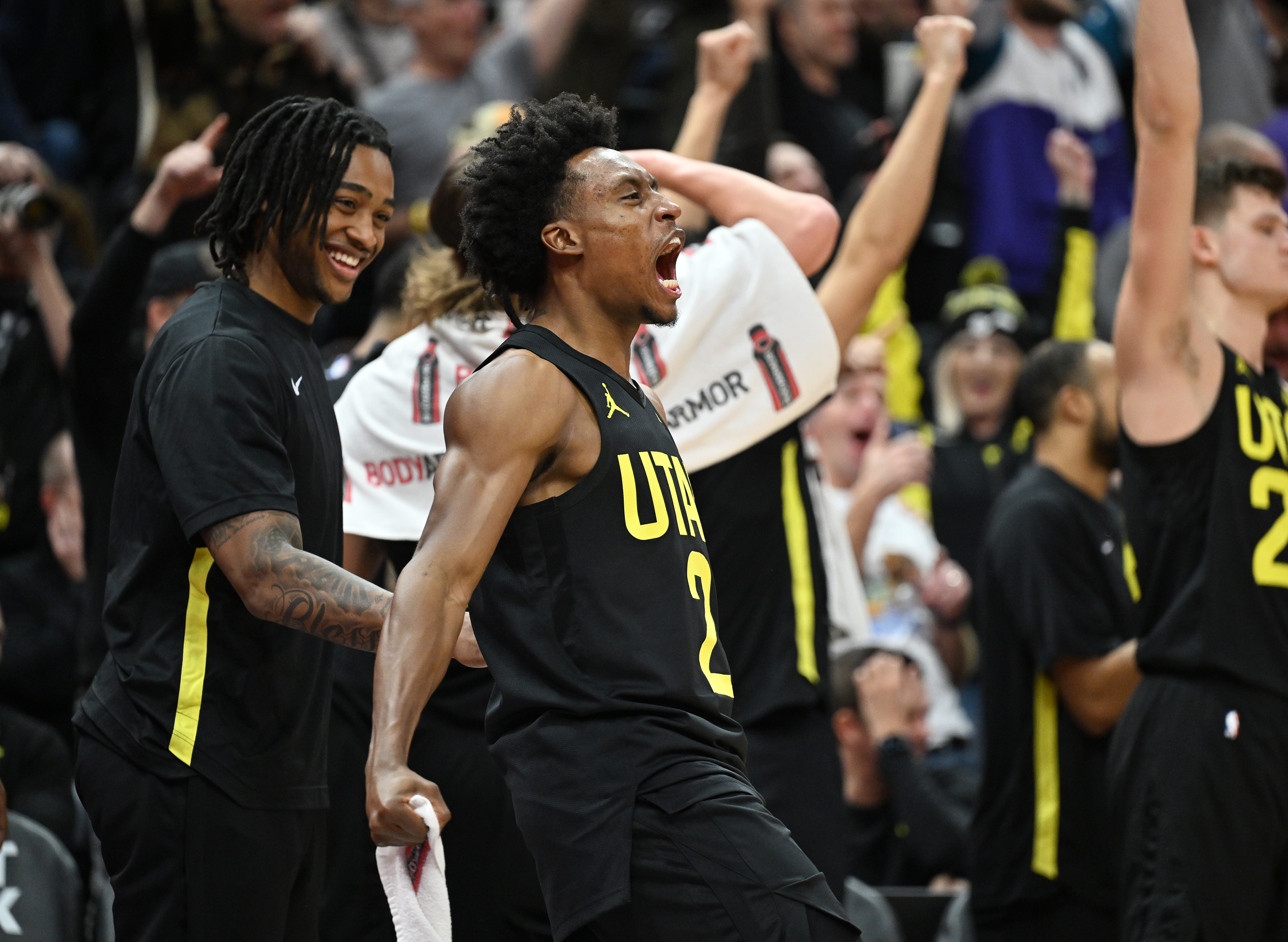 Utah Jazz guard Collin Sexton (2),teammates and crowd members celebrate after two missed free throws as the Jazz and Raptors play at the Delta Center in Salt Lake City on Friday, Jan. 12, 2024. Utah won 145-113.
