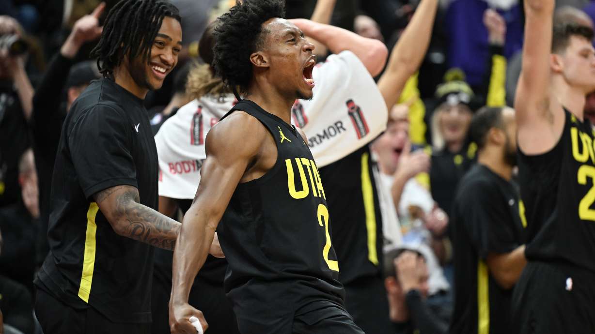 Utah Jazz guard Collin Sexton (2),teammates and crowd members celebrate after two missed free throws as the Jazz and Raptors play at the Delta Center in Salt Lake City on Friday, Jan. 12, 2024. Utah won 145-113.