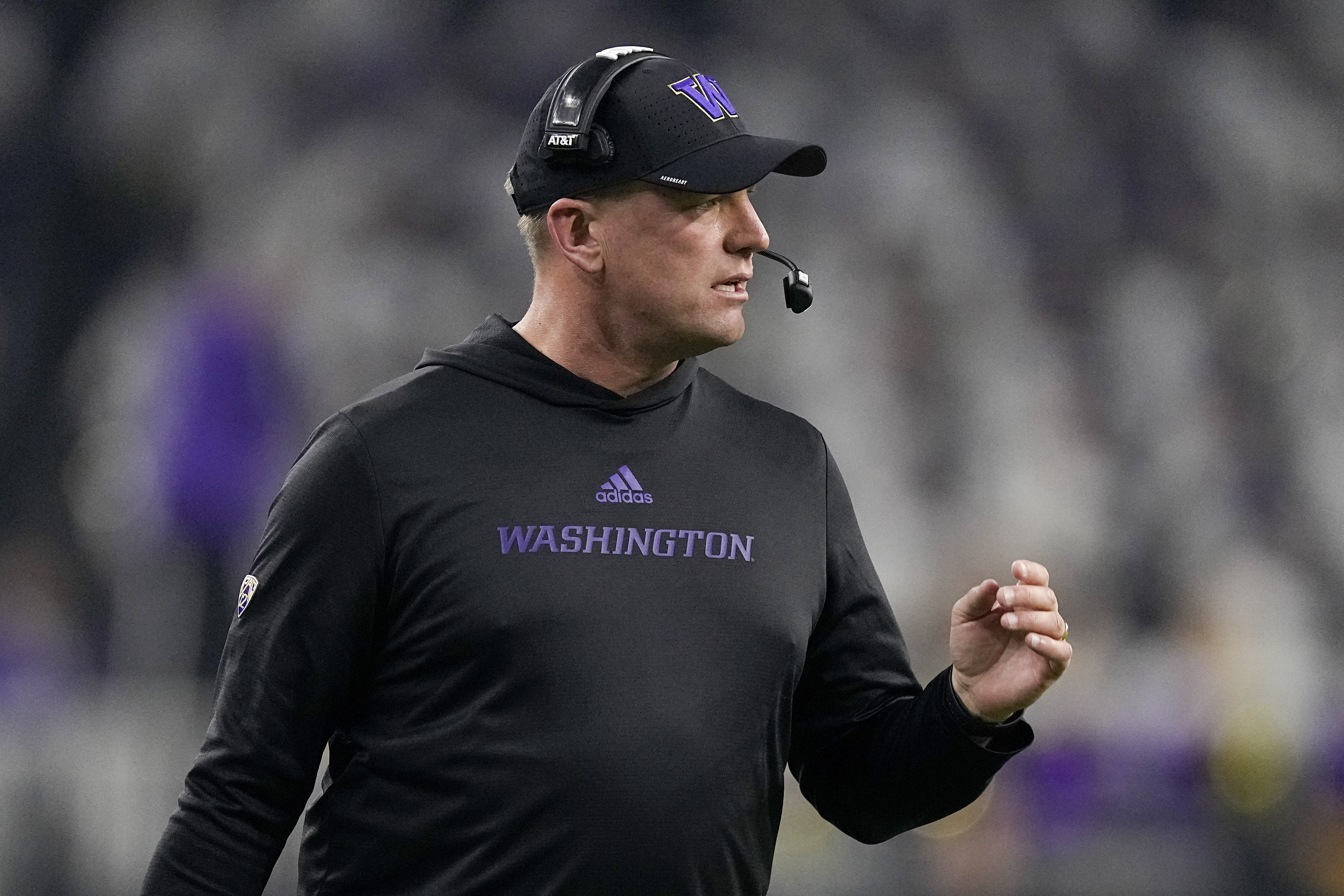 Washington head coach Kalen DeBoer watches during the first half of the national championship NCAA College Football Playoff game against Michigan Monday, Jan. 8, 2024, in Houston. 