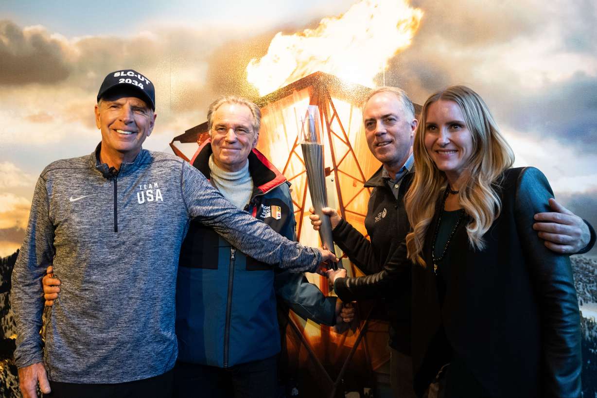 Fraser Bullock, CEO of the Salt Lake City-Utah Committee for the Games, Provence-Alpes-Côte d’Azur Region President Renaud Muselier, Colin Hilton, CEO of the Utah Olympic Legacy Foundation, and Malena Stevens pose for a photo after a press conference at the Alf Engen Ski Museum in Park City on Thursday. Representatives from the Region Provence-Alpes-Côte d’Azur in France, which was named the preferred host for the 2030 Olympics, were welcomed for a tour of the Utah Olympic Park as an opportunity to exchange ideas and dialogue on ongoing Olympic and Paralympic efforts.