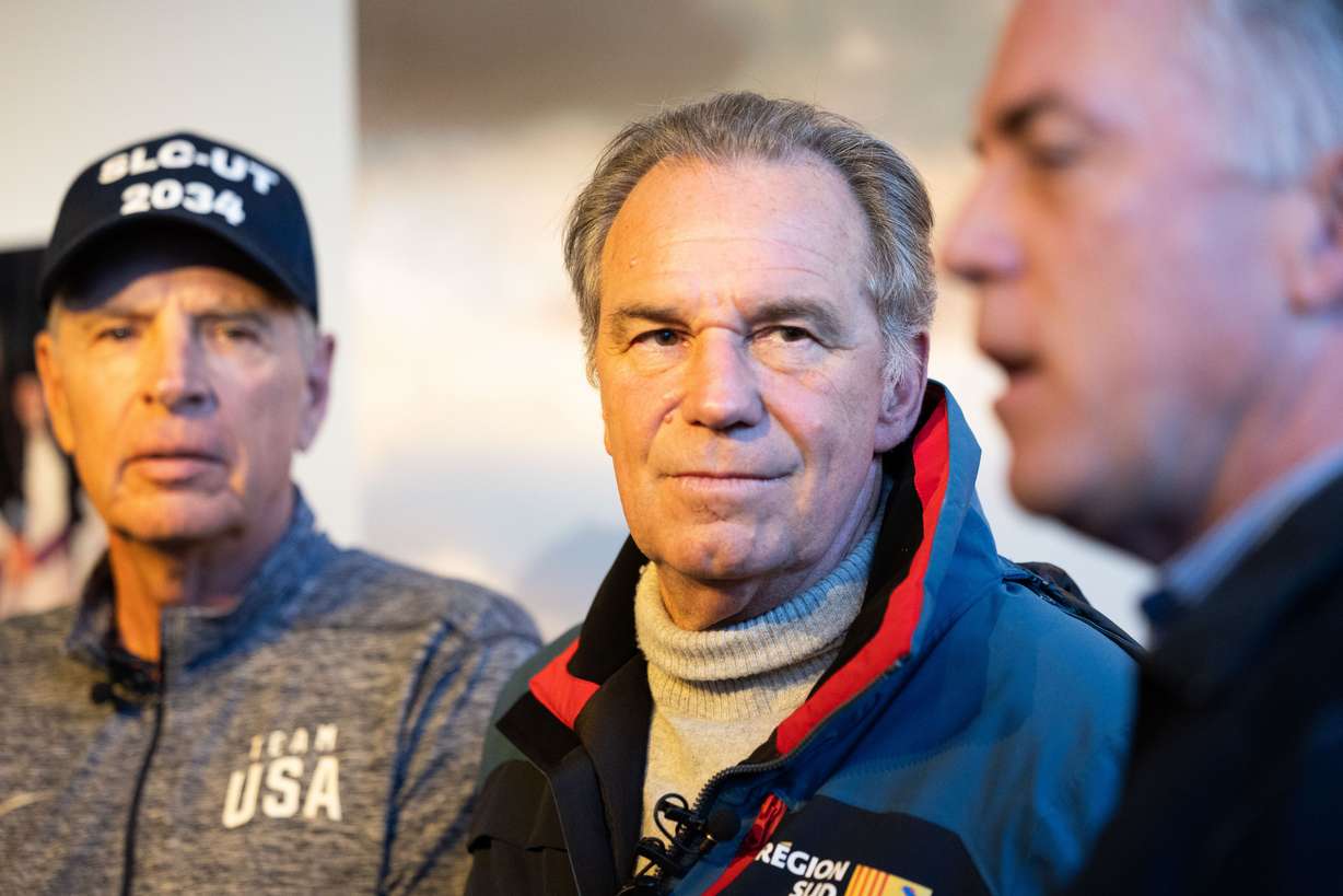 Fraser Bullock, CEO of the Salt Lake City-Utah Committee for the Games, Provence-Alpes-Côte d’Azur Region President Renaud Muselier, and Colin Hilton, CEO of the Utah Olympic Legacy Foundation, at a press conference at the Alf Engen Ski Museum in Park City on Thursday