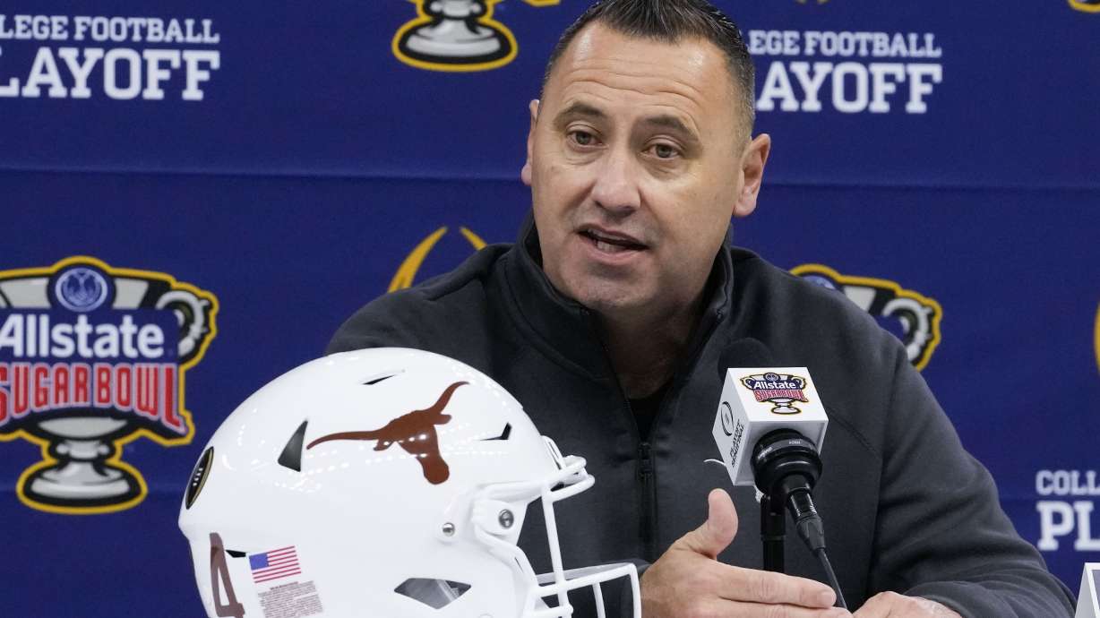 Texas head coach Steve Sarkisian speaks during media day for the the upcoming Sugar Bowl NCAA CFP college football semi-final game against Washington in New Orleans, Saturday, Dec. 30, 2023.
