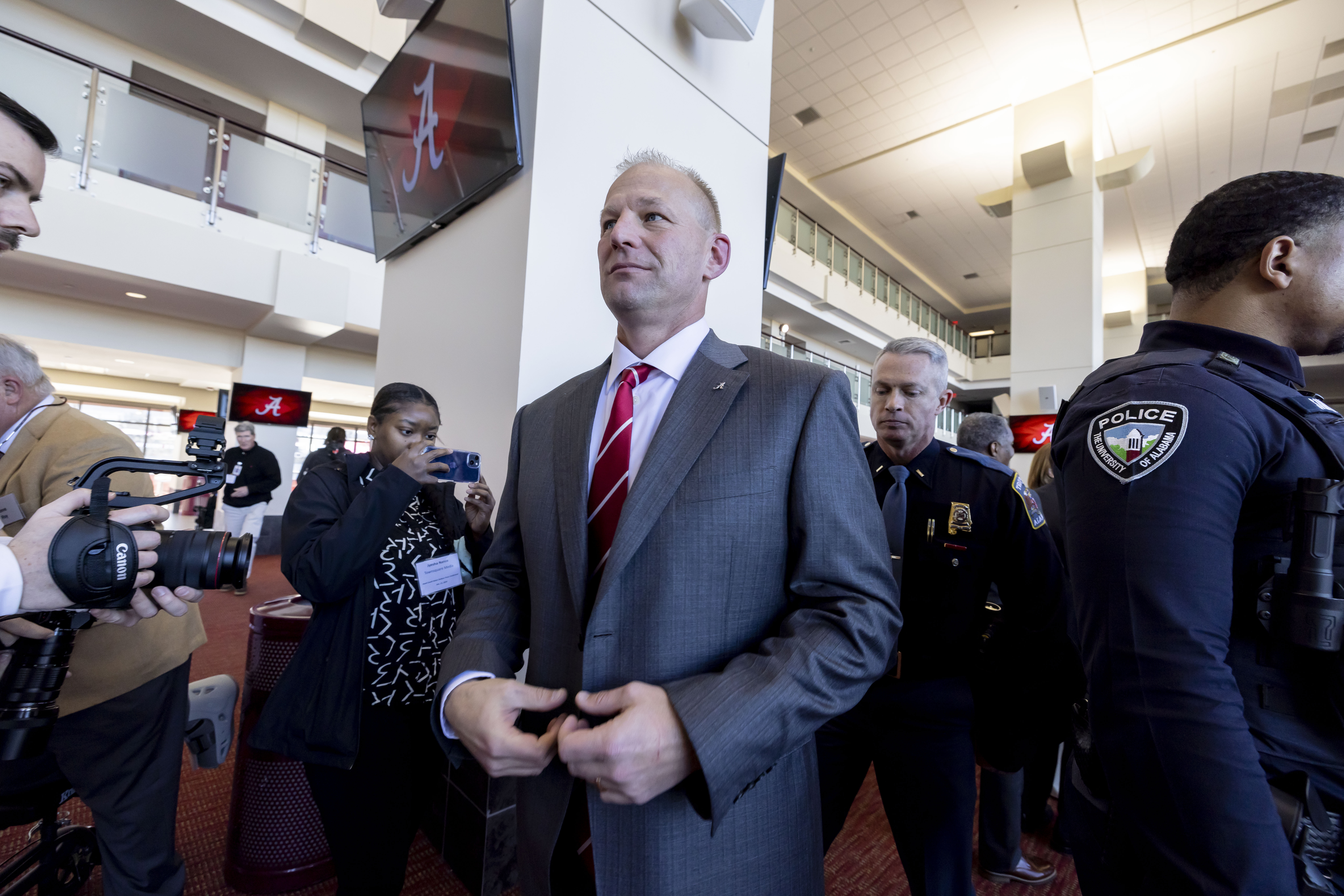 New Alabama football head coach Kalen DeBoer departs after his introductory speech at Bryant-Denny Stadium, Saturday, Jan. 13, 2024, in Tuscaloosa, Ala. DeBoer is replacing the recently retired Nick Saban. 
