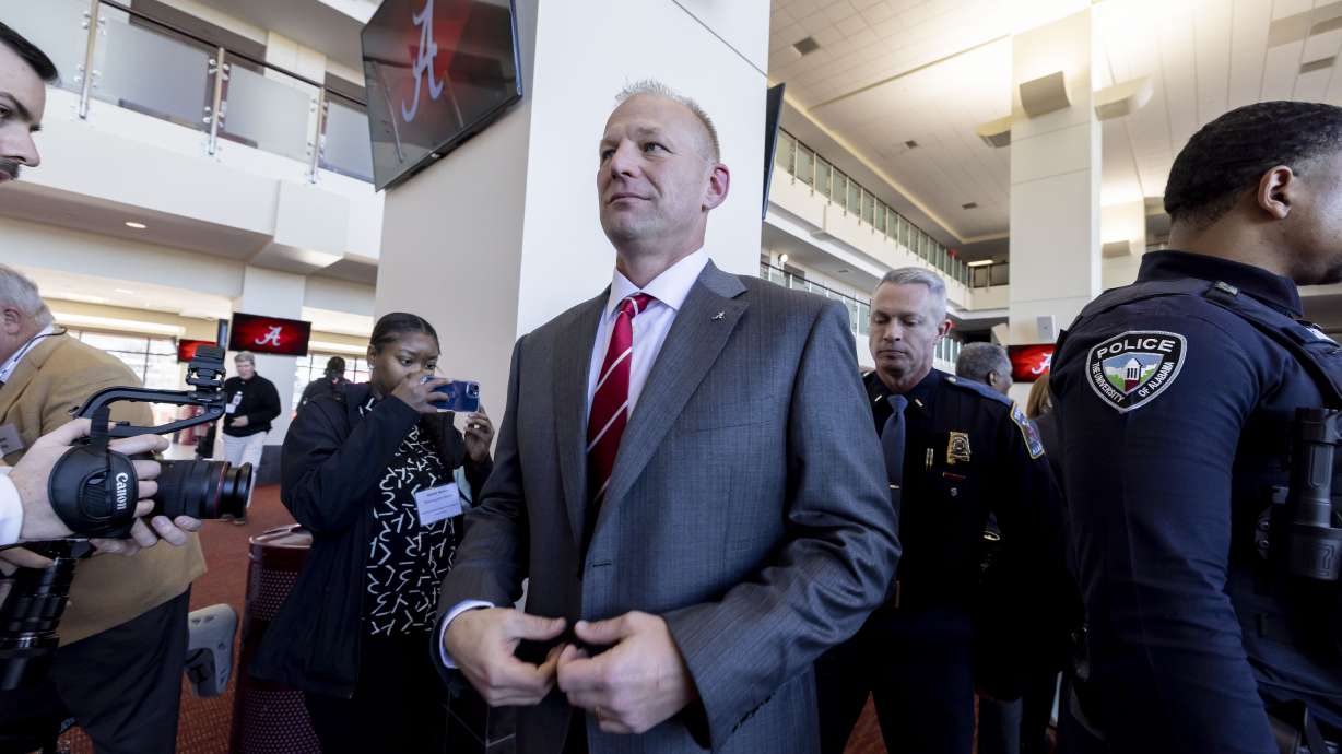 New Alabama football head coach Kalen DeBoer departs after his introductory speech at Bryant-Denny Stadium, Saturday, Jan. 13, 2024, in Tuscaloosa, Ala. DeBoer is replacing the recently retired Nick Saban.