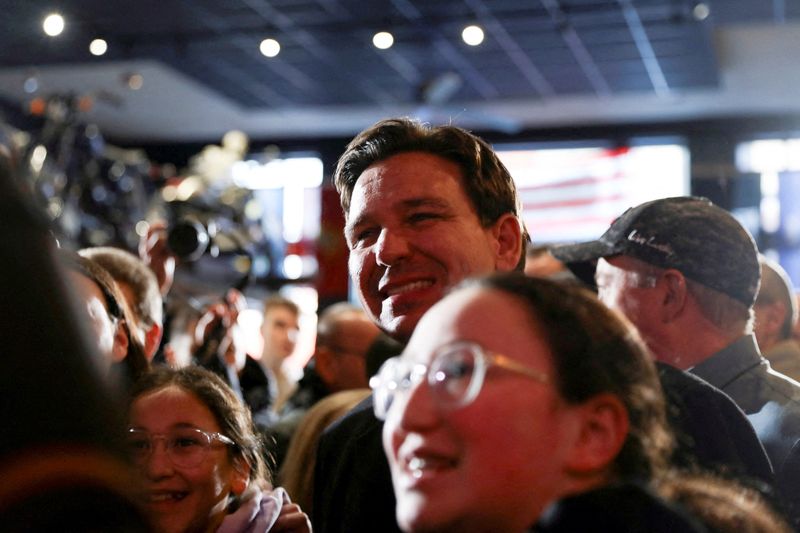 Republican presidential candidate and Florida Governor Ron DeSantis looks on during a campaign event ahead of the caucus vote in Cedar Rapids, Iowa, Sunday.