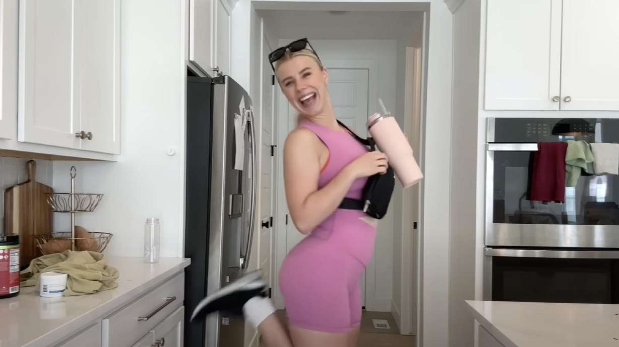 Jane Williamson poses in her YouTube video that pokes fun at stereotypes commonly associated with what she calls "Utah moms."