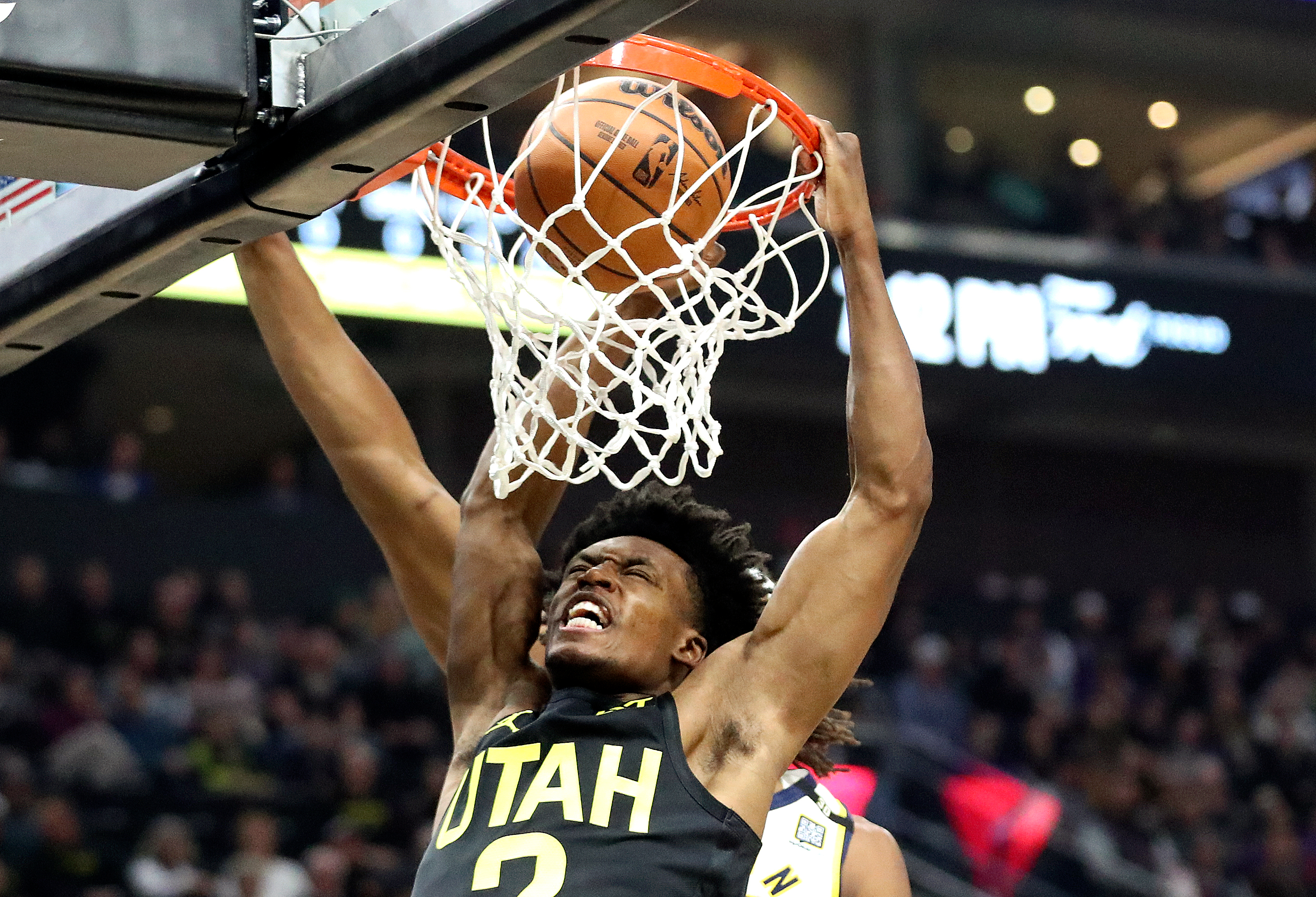 Utah Jazz guard Collin Sexton (2) dunks the ball during an NBA game against the Indiana Pacers at the Delta Center in Salt Lake City on Monday, Jan. 15, 2024.