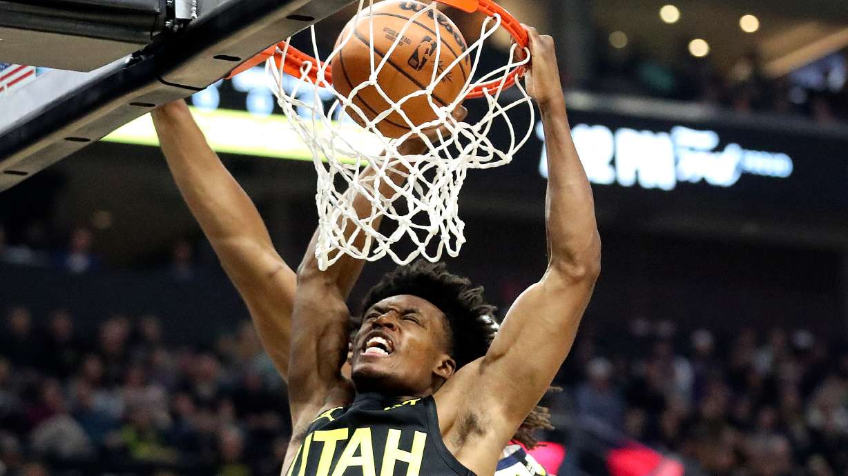 Utah Jazz guard Collin Sexton (2) dunks the ball during an NBA game against the Indiana Pacers at the Delta Center in Salt Lake City on Monday, Jan. 15, 2024.