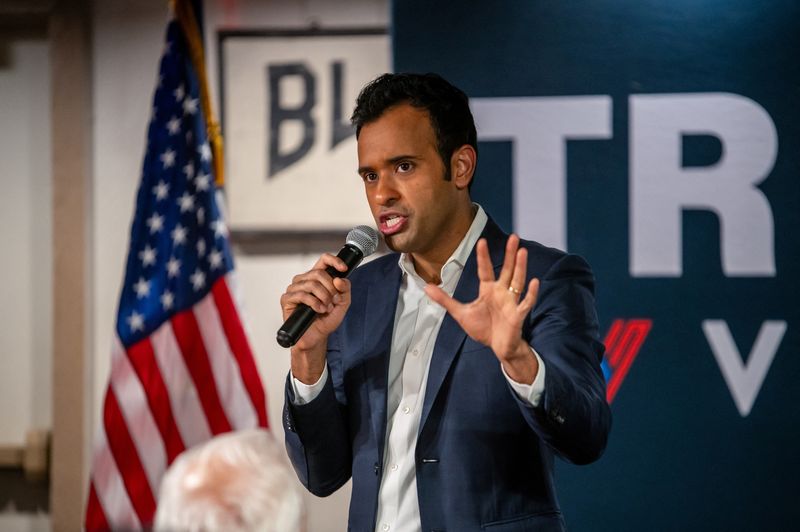 Republican presidential candidate and businessman Vivek Ramaswamy makes a campaign visit before the Iowa caucus vote in Urbandale, Iowa, on Monday. Ramaswamy ended his White House bid on Monday and endorsed Donald Trump.