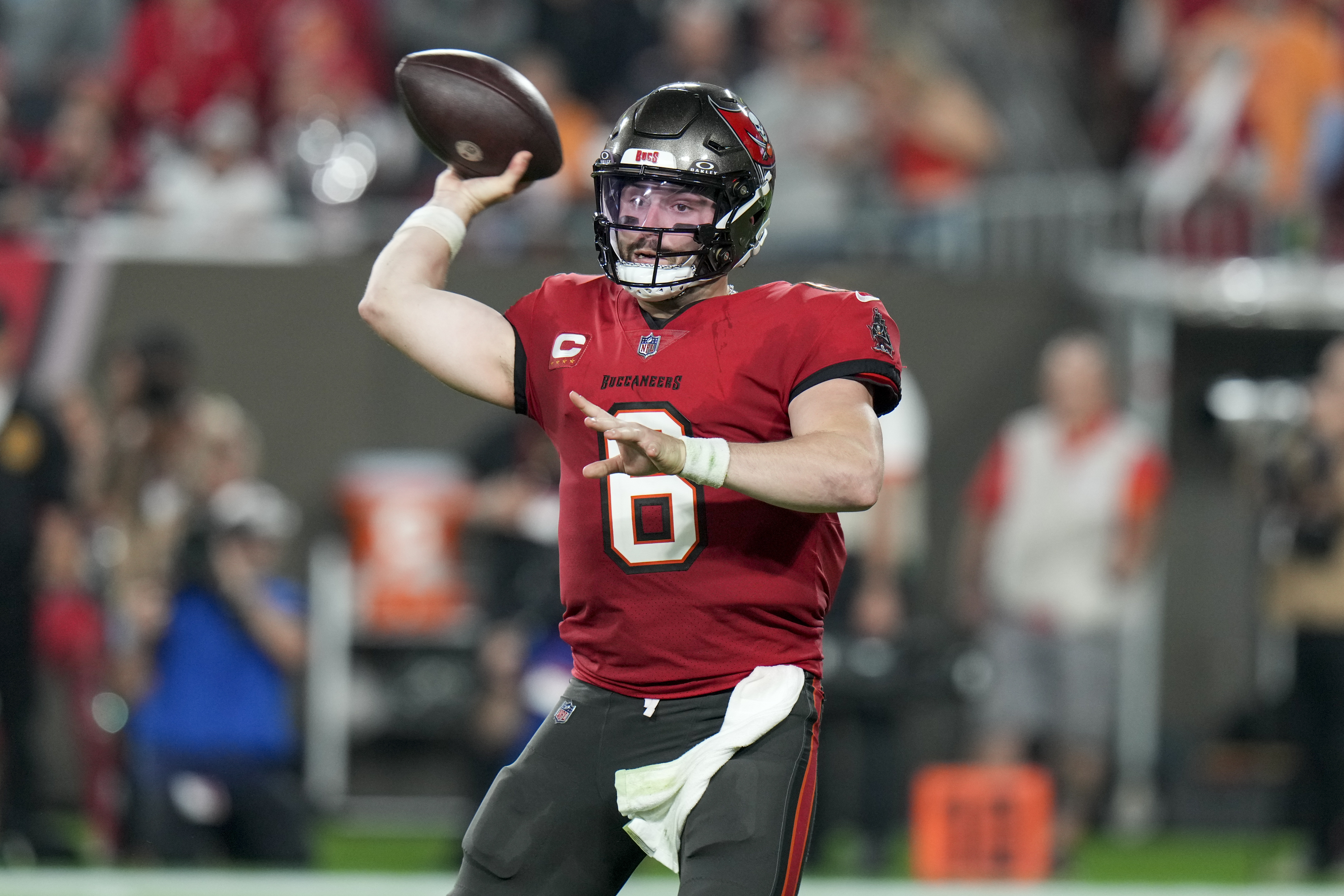 Tampa Bay Buccaneers quarterback Baker Mayfield throws a pass against the Philadelphia Eagles during the first half of an NFL wild-card playoff football game, Monday, Jan. 15, 2024, in Tampa, Fla. 