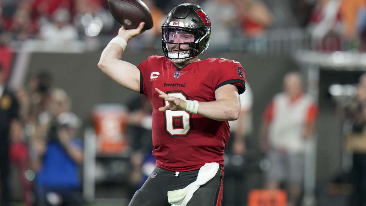 Tampa Bay Buccaneers quarterback Baker Mayfield throws a pass against the Philadelphia Eagles during the first half of an NFL wild-card playoff football game, Monday, Jan. 15, 2024, in Tampa, Fla.