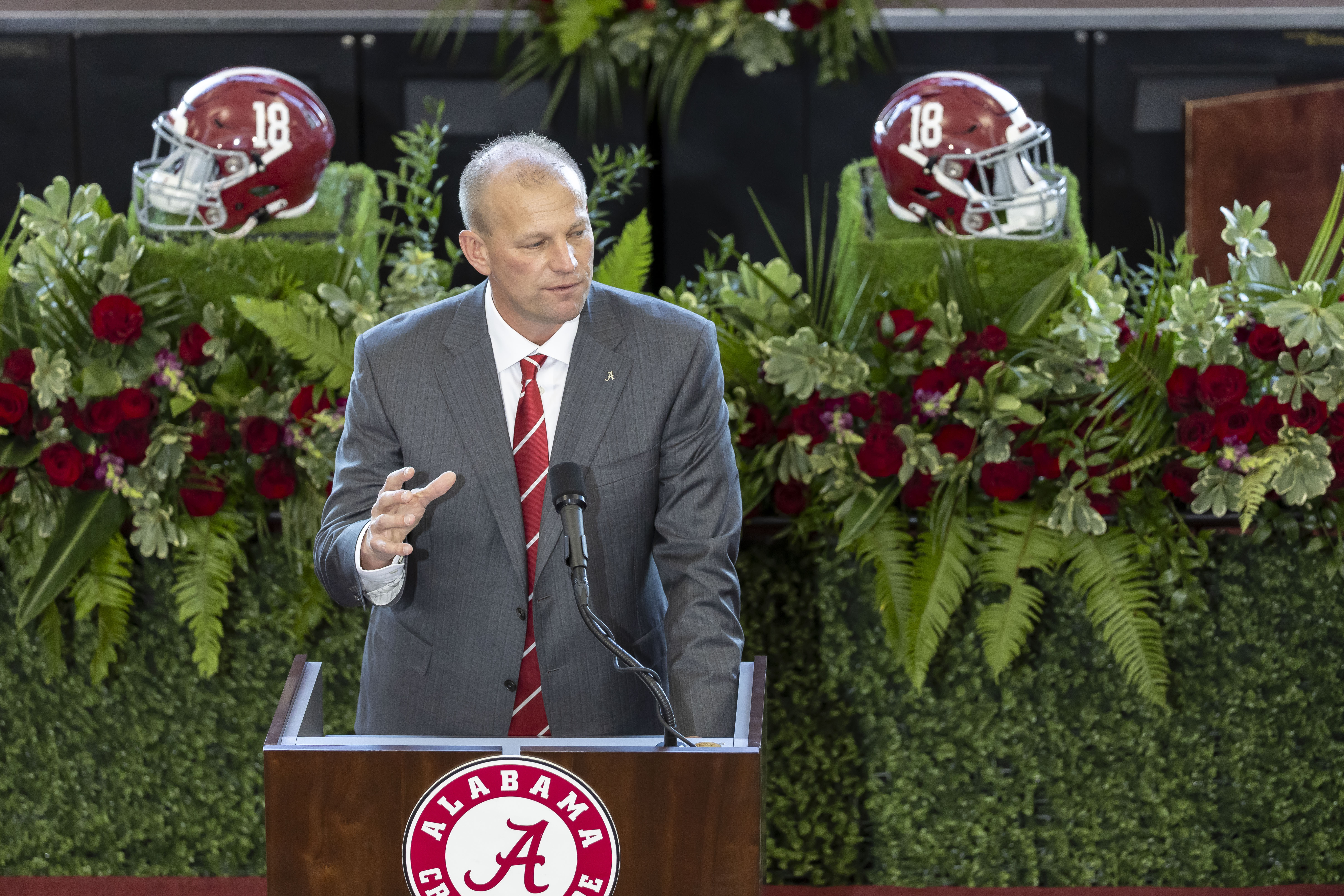 New Alabama head coach Kalen DeBoer gives his introductory speech during an NCAA college football press conference at Bryant-Denny Stadium, Saturday, Jan. 13, 2024, in Tuscaloosa, Ala. DeBoer is replacing the recently retired Nick Saban. 