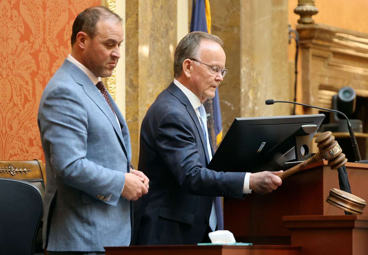 House Speaker Mike Schultz, R-Hooper, watches Senate President Stuart Adams, R-Layton, strike the gavel at the start of the State of the Judiciary in the House chamber at the Capitol in Salt Lake City on Tuesday.