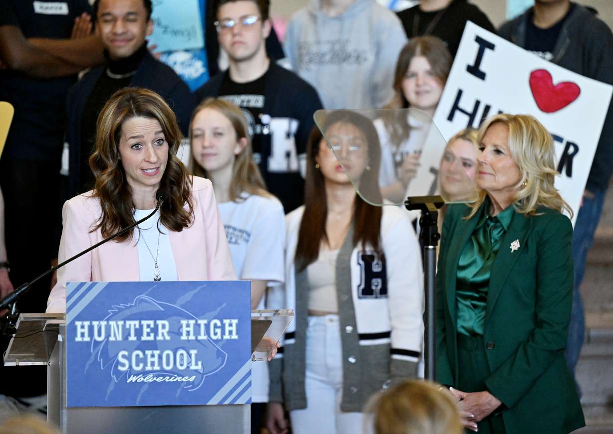 First lady of Utah, Abby Cox, speaks as she joins with first lady Jill Biden and U.S. Surgeon General Vivek Murthy, for a visit to Hunter High School in West Valley City on Tuesday.