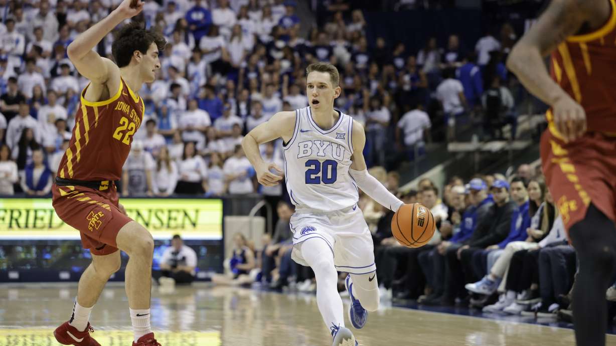 BYU wing Spencer Johnson drives against Iowa State during a Big 12 men's basketball game, Tuesday, Jan. 16, 2024 at the Marriott Center in Provo, Utah.