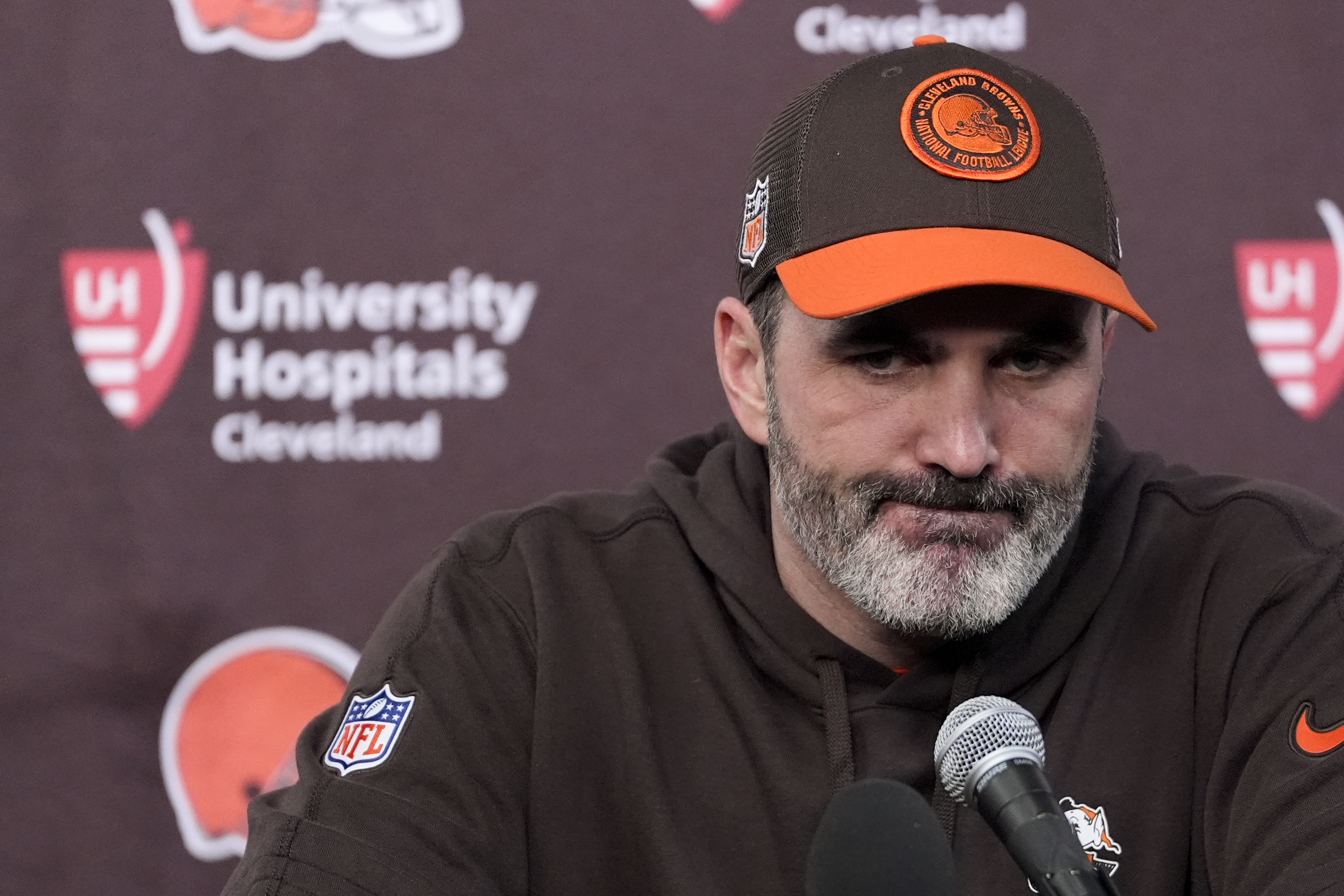 Cleveland Browns head coach Kevin Stefanski speaks during a news conference after their 45-14 loss against the Houston Texans in an NFL wild-card playoff football game Saturday, Jan. 13, 2024, in Houston. 