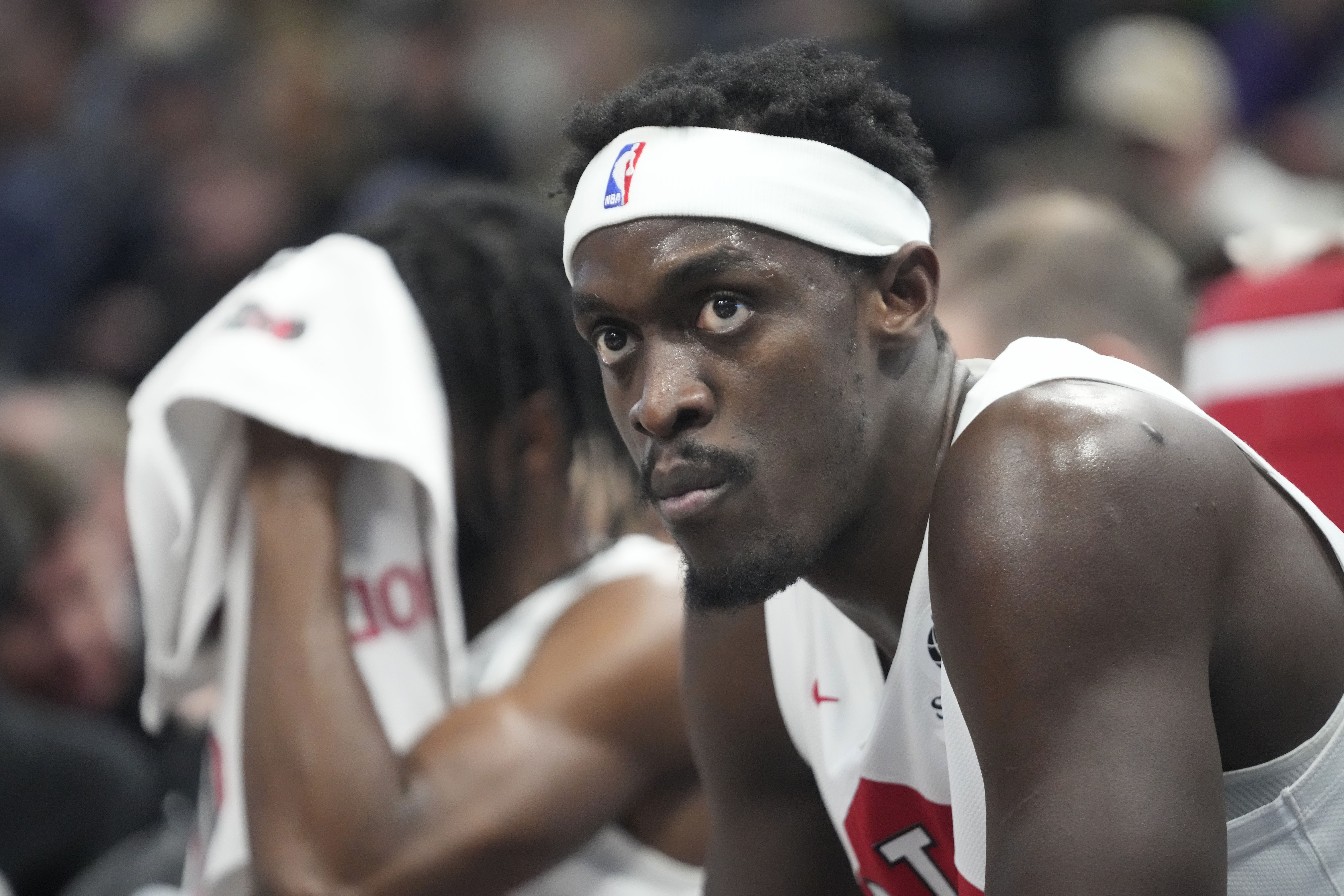 Toronto Raptors forward Pascal Siakam sits on the bench during the first half of an NBA basketball game against the Utah Jazz, Friday, Jan. 12, 2024, in Salt Lake City. 