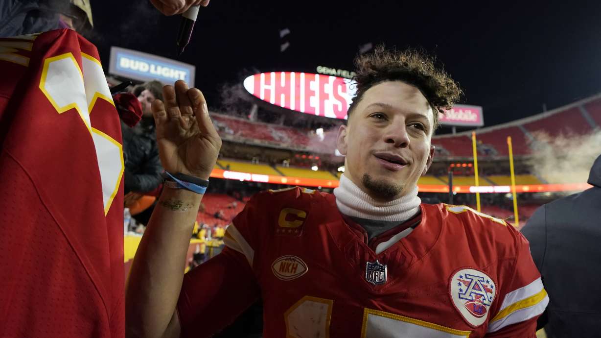 Kansas City Chiefs quarterback Patrick Mahomes greets fans after an NFL wild-card playoff football game against the Miami Dolphins Saturday, Jan. 13, 2024, in Kansas City, Mo.