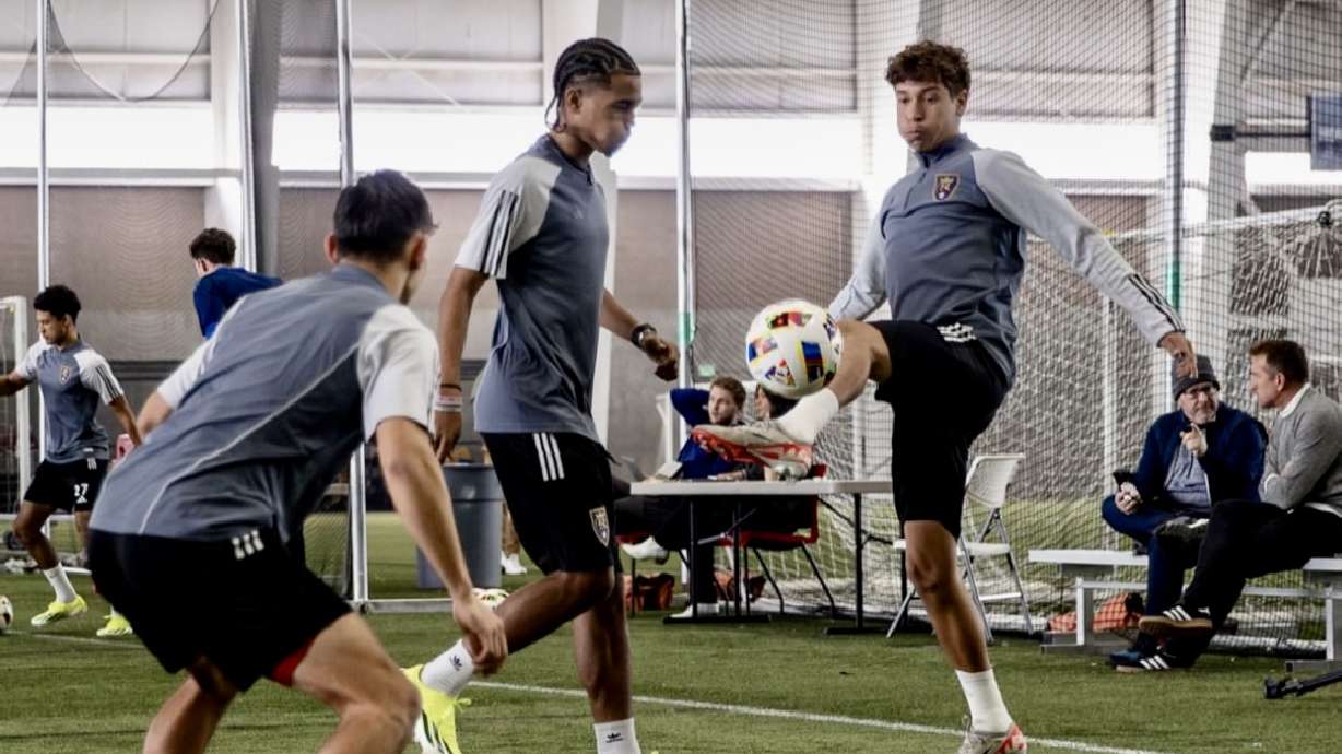 Zavier Gozo, middle, and Fidel Barajas, right, practice at Zions Bank Real Academy in Herriman during Real Salt Lake's preseason.