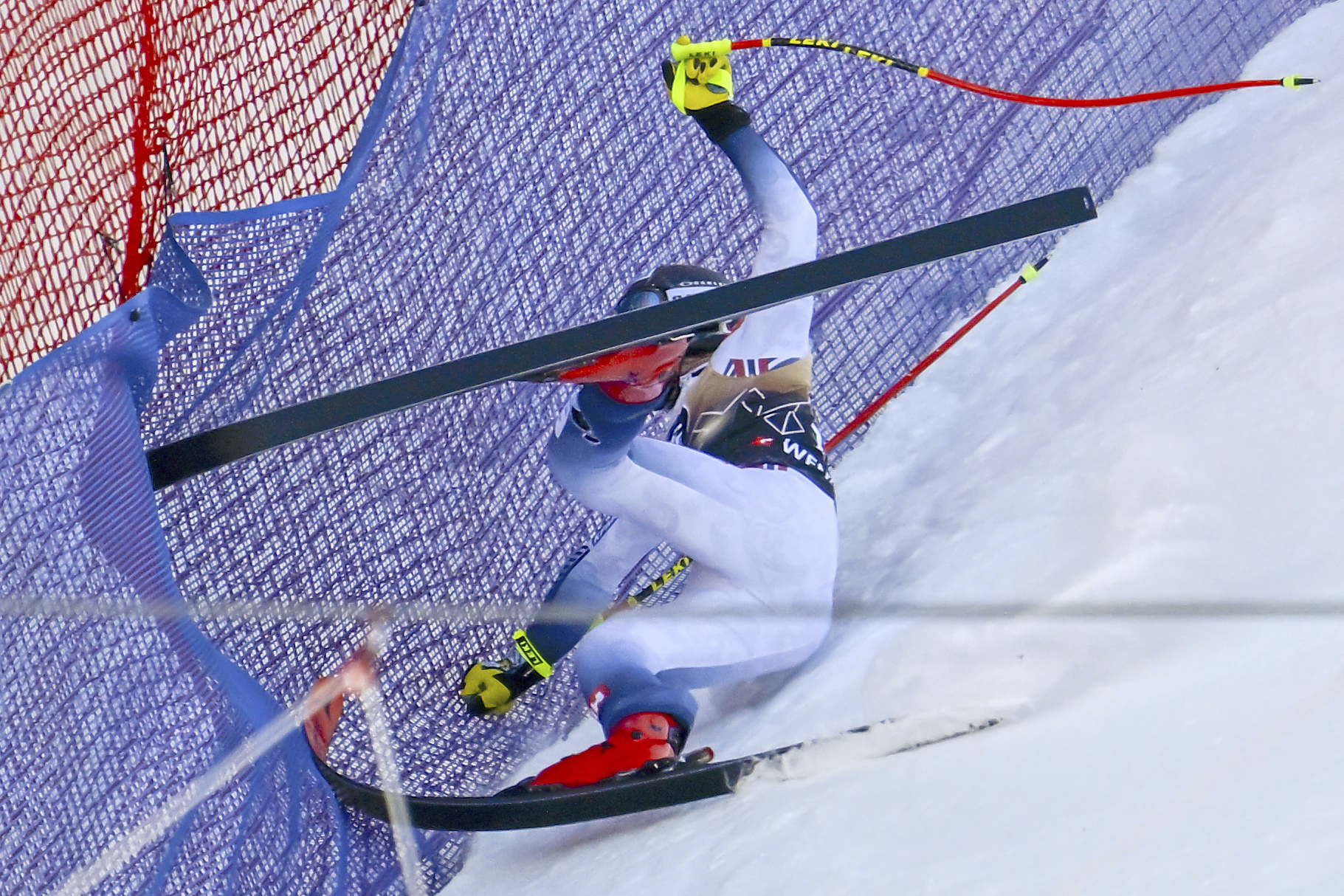Norway's Aleksander Aamodt Kilde falls during an alpine ski, men's World Cup downhill race, in Wengen, Switzerland, Saturday, Jan. 13, 2024. 