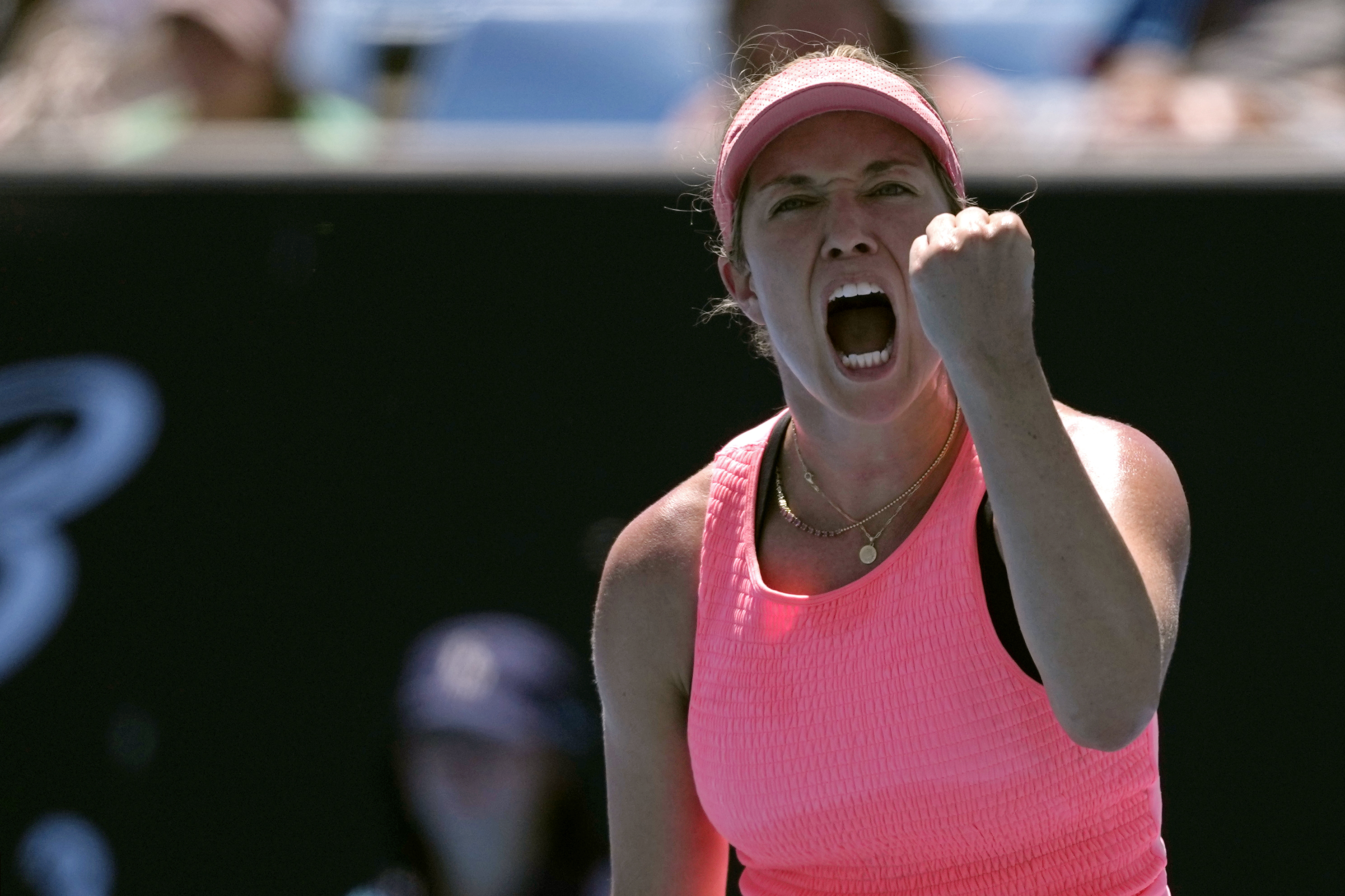 Danielle Collins of the U.S. reacts during her first round match against Angelique Kerber of Germany at the Australian Open tennis championships at Melbourne Park, Melbourne, Australia, Tuesday, Jan. 16, 2024. 