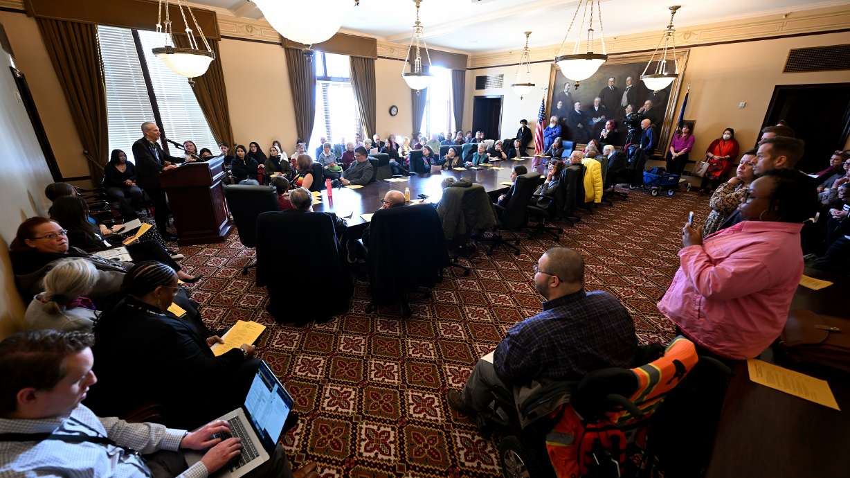Wayne Niederhauser shares Gov. Spencer Cox’s proposals for reducing homelessness to representatives from numerous groups at the Capitol in Salt Lake City for Faith, Hunger and Homelessness Day on Thursday.