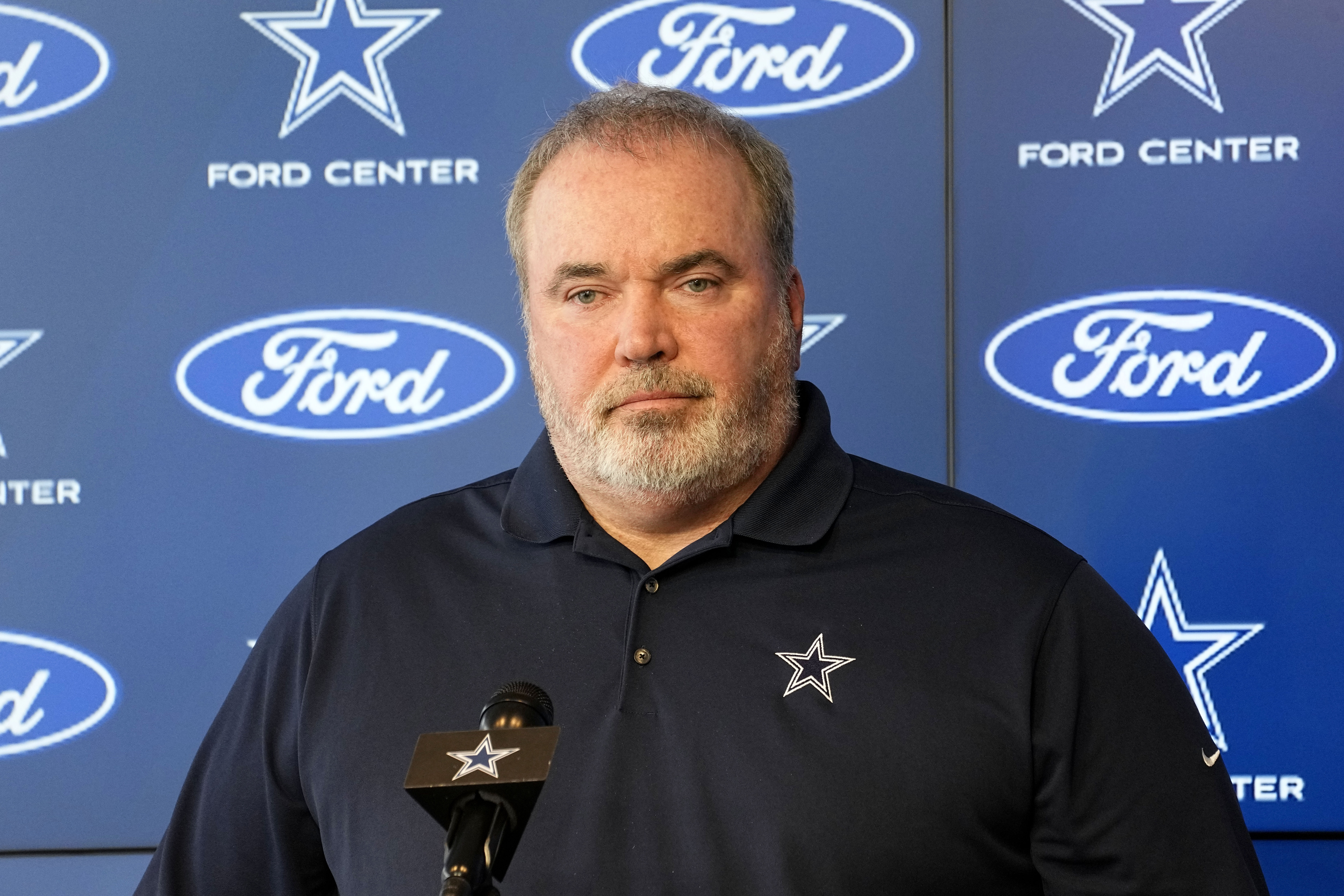 Dallas Cowboys head coach Mike McCarthy, takes questions during during a news conference at the team's NFL football headquarters in Frisco, Texas, Thursday, Jan. 18, 2024. 