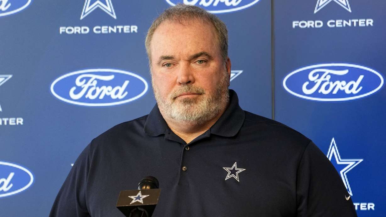 Dallas Cowboys head coach Mike McCarthy, takes questions during during a news conference at the team's NFL football headquarters in Frisco, Texas, Thursday, Jan. 18, 2024.