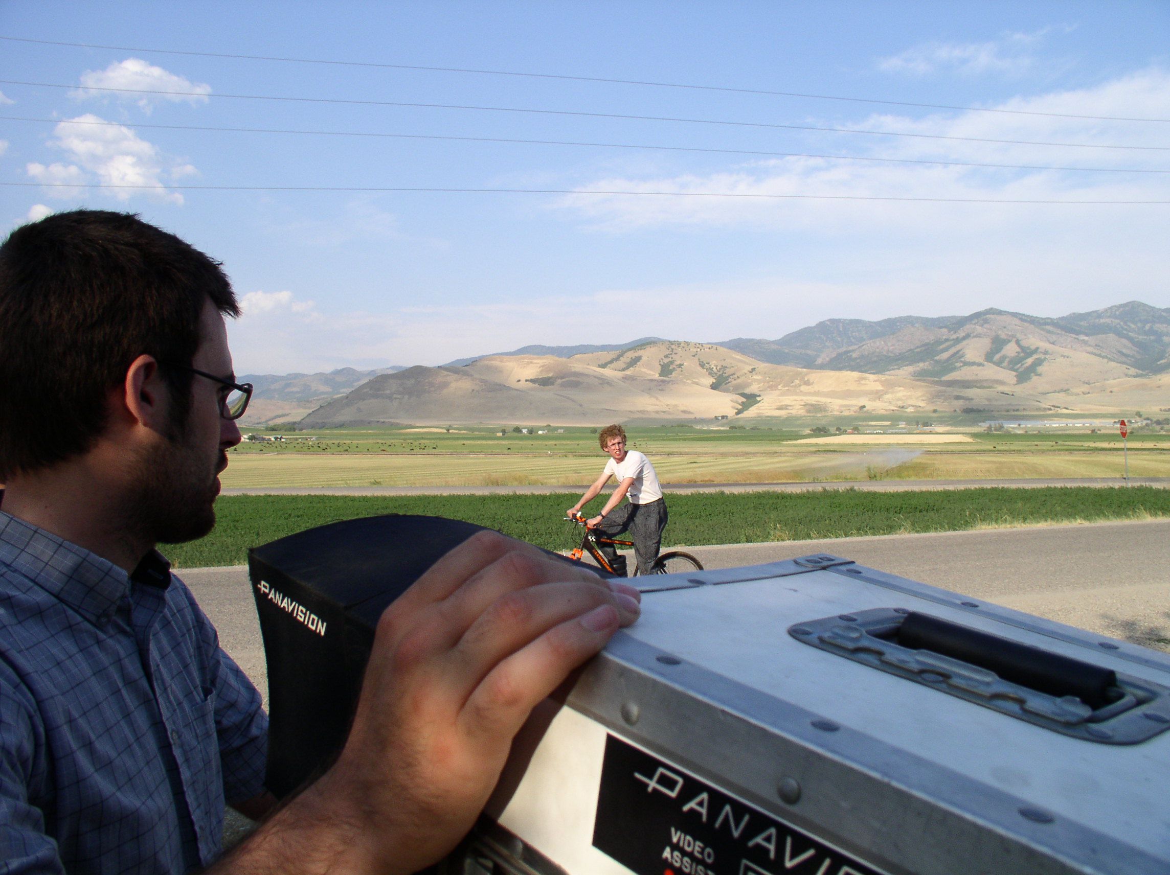 Director Jared Hess, left, and actor Jon Heder on set in Preston, Idaho, during filming for “Napoleon Dynamite.”