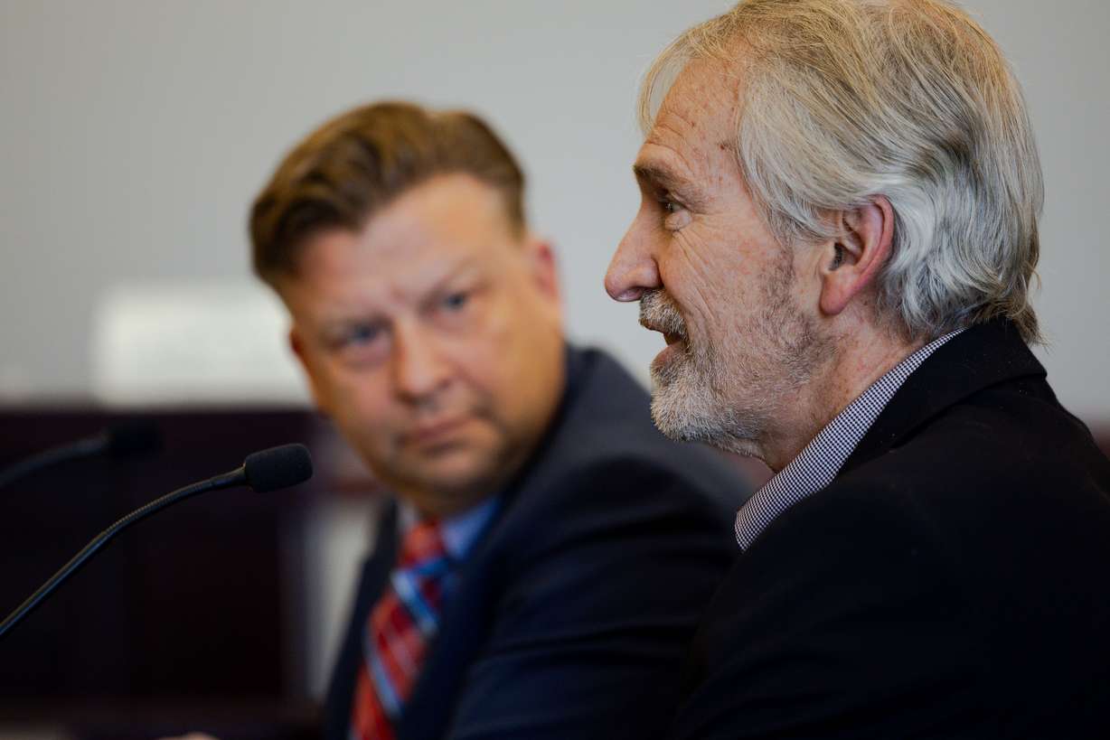 Front, Aaron Davidson, Utah County clerk, speaks during the public comment section of a proposed substitute bill, County Clerk Amendments, sponsored by Sen. Todd Weiler, R-Woods Cross, during a Senate Government Operations and Political Subdivisions Standing Committee hearing at the Utah Capitol in Salt Lake City on Thursday.