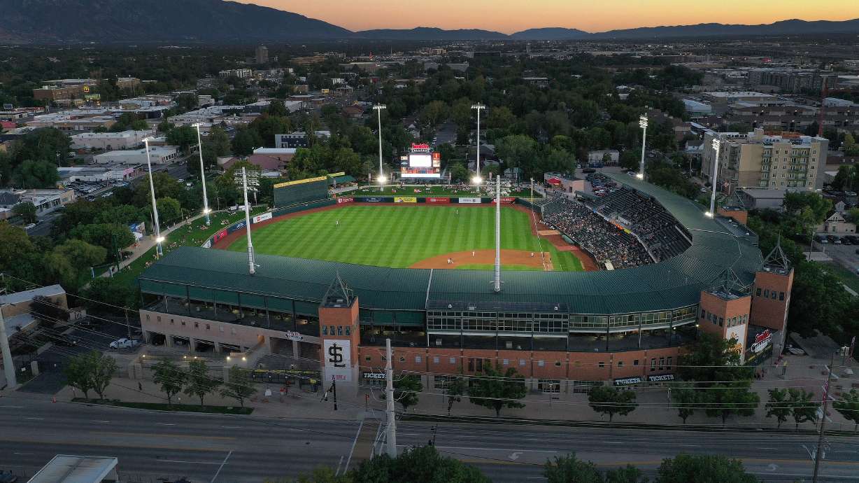 The Salt Lake Bees play a game with the Tacoma Rainiers at Smith’s Ballpark in Salt Lake City on Sept. 7, 2023. Oakland Athletics executives are reportedly touring the park as it considers a temporary home for the next few seasons before its permanent move to Las Vegas.